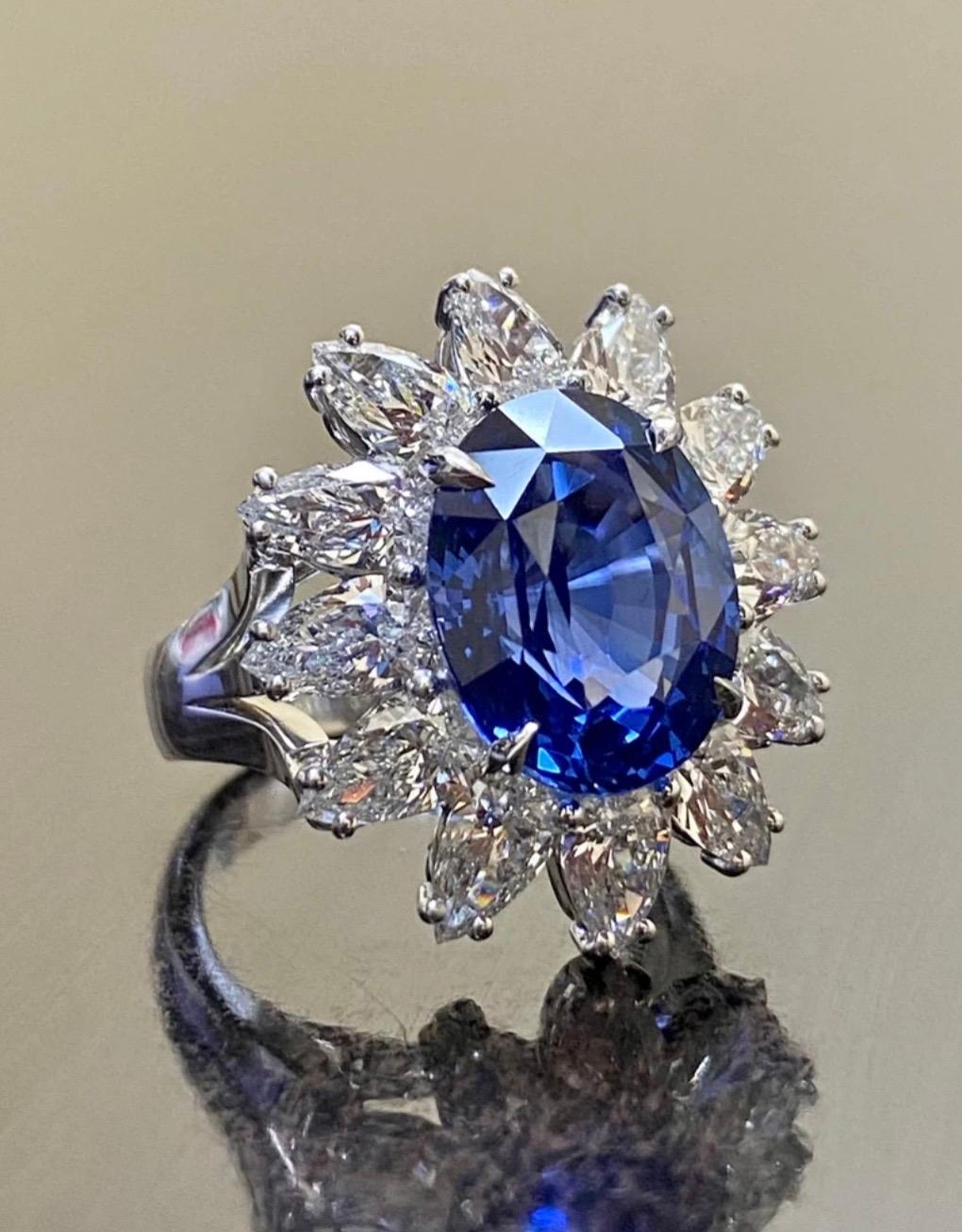 Platinum Art Deco Pear Shape Diamond 8.59 Carat Blue Sapphire Engagement Ring In New Condition For Sale In Los Angeles, CA