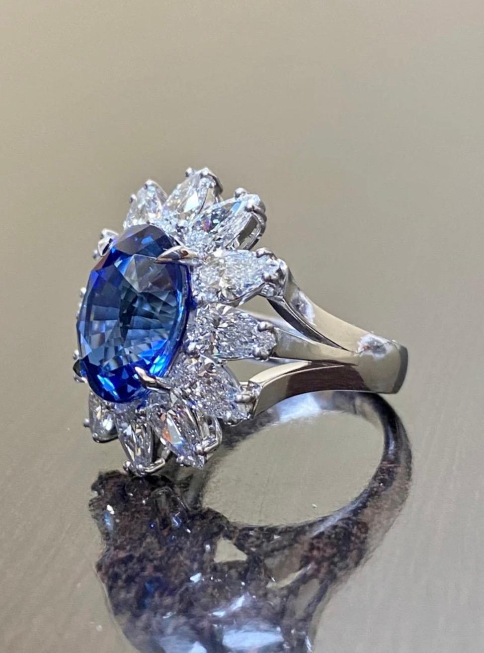 Platinum Art Deco Pear Shape Diamond 8.59 Carat Blue Sapphire Engagement Ring For Sale 4