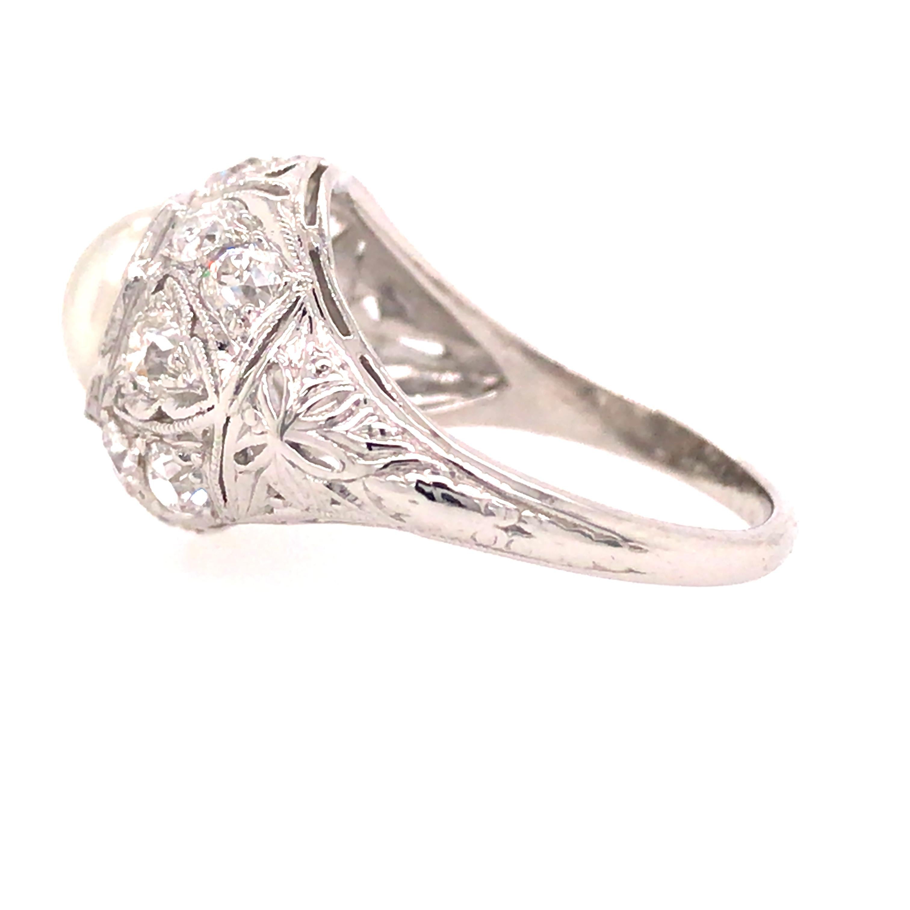Round Cut Platinum Art Deco Pearl Diamond Ring