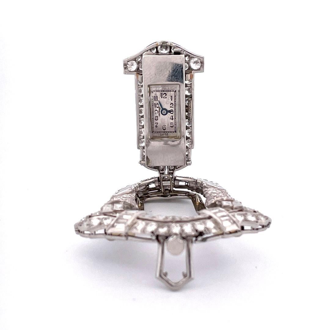 Platinum Art Deco Pendant, Watch, and Brooch with 6.50 TCW Mixed Cut Diamonds In New Condition For Sale In New York, NY