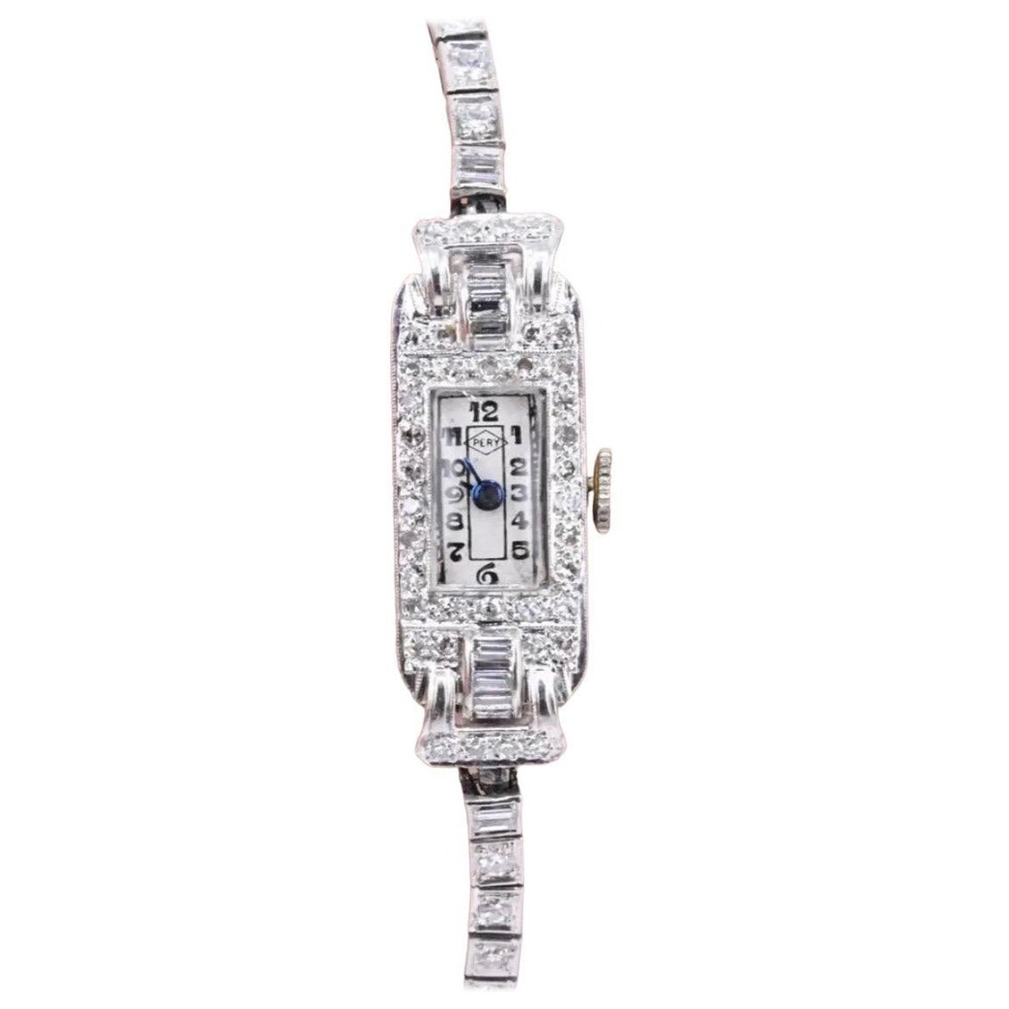 Platin Art Deco-Pery Damen-Diamant-Uhr 1,50 Karat 18,09 Gramm