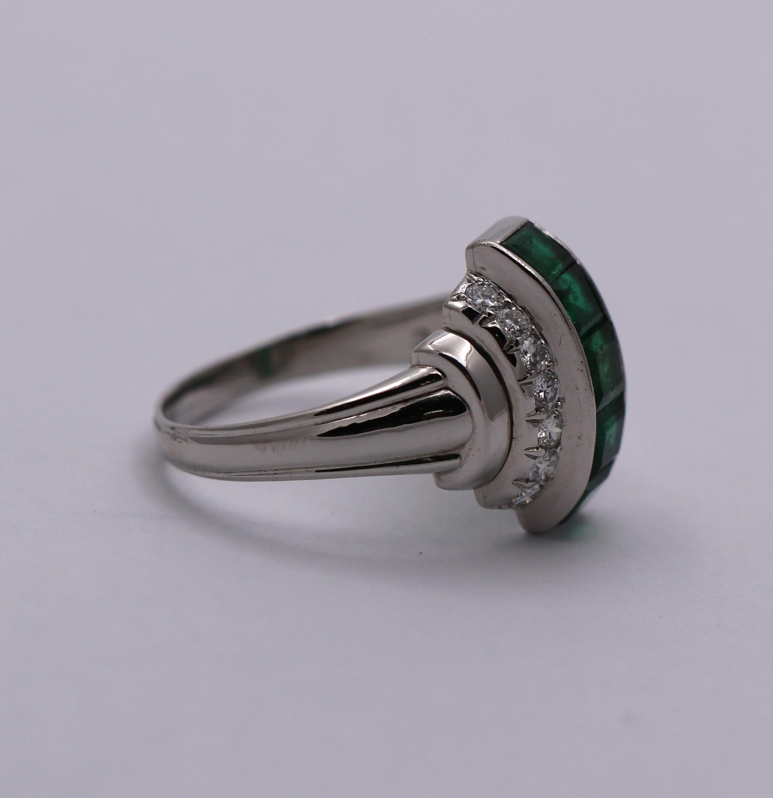 Women's or Men's Platinum Art Deco Platinum Diamond and Emerald Ring