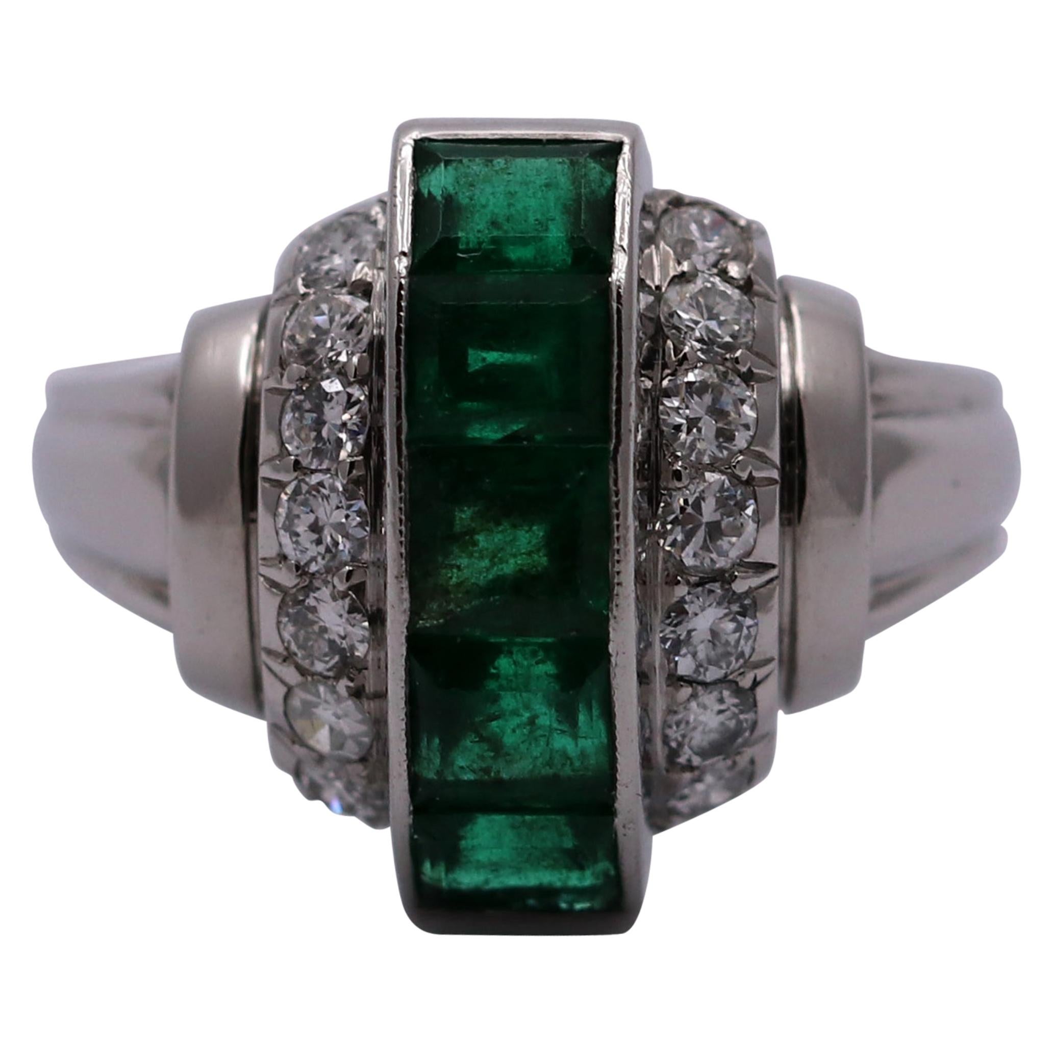 Platinum Art Deco Platinum Diamond and Emerald Ring