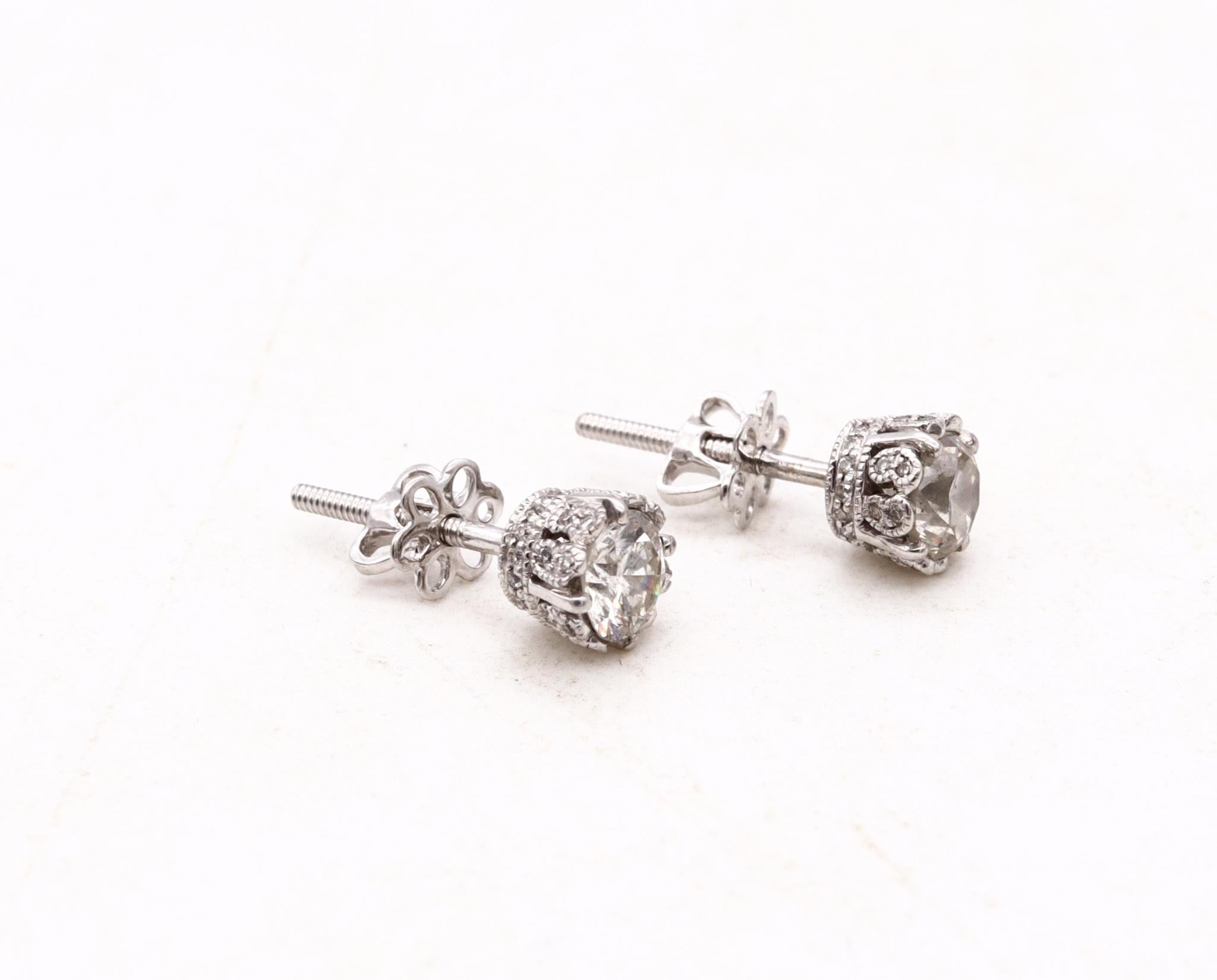 Platinum Art Deco Revival Studs Earrings with 1.29 Cts in Round Diamonds In Excellent Condition For Sale In Miami, FL