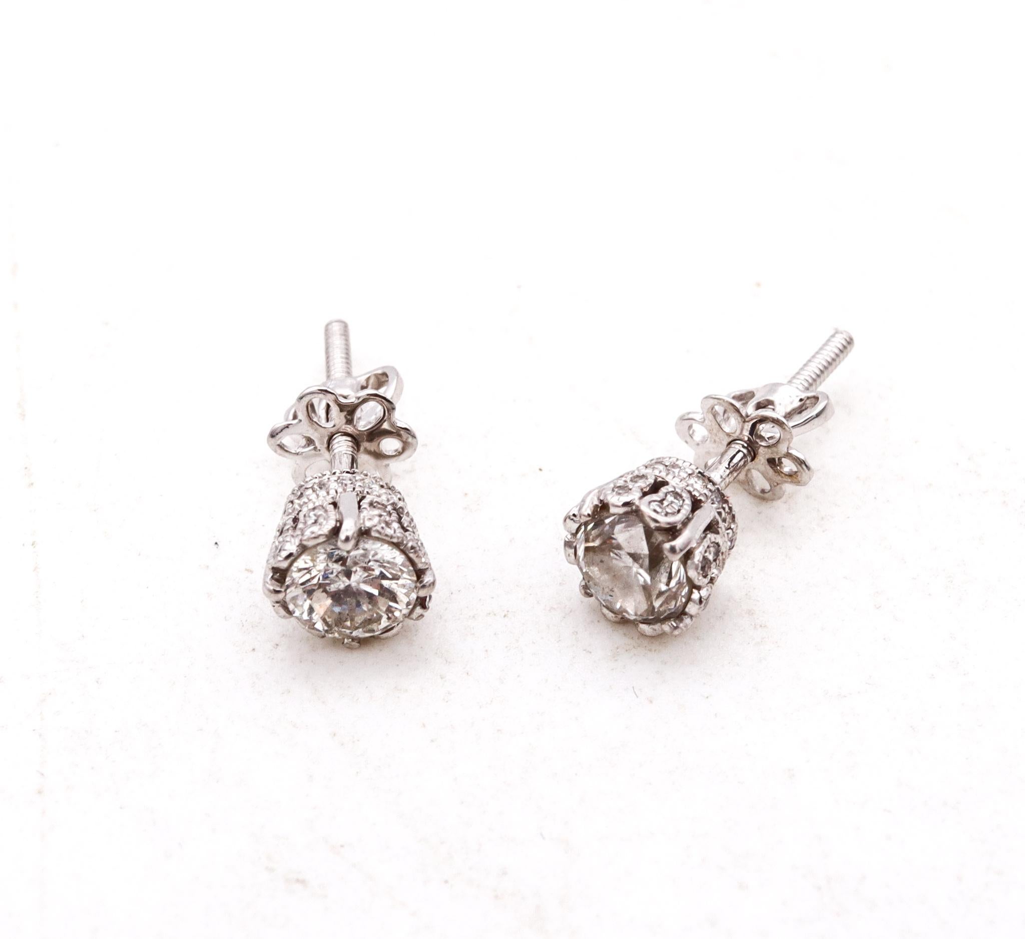 Women's Platinum Art Deco Revival Studs Earrings with 1.29 Cts in Round Diamonds For Sale