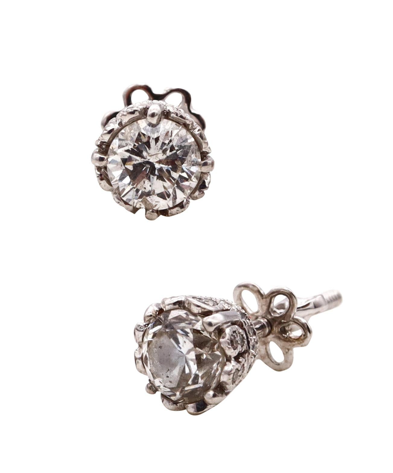 Platinum Art Deco Revival Studs Earrings with 1.29 Cts in Round Diamonds For Sale 1