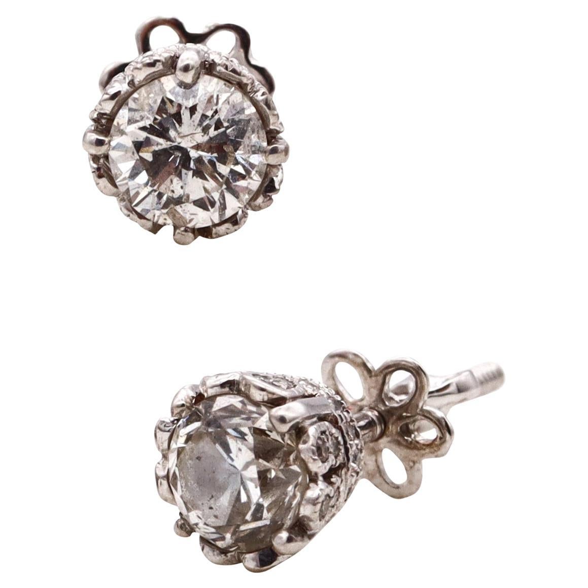 Platinum Art Deco Revival Studs Earrings with 1.29 Cts in Round Diamonds For Sale