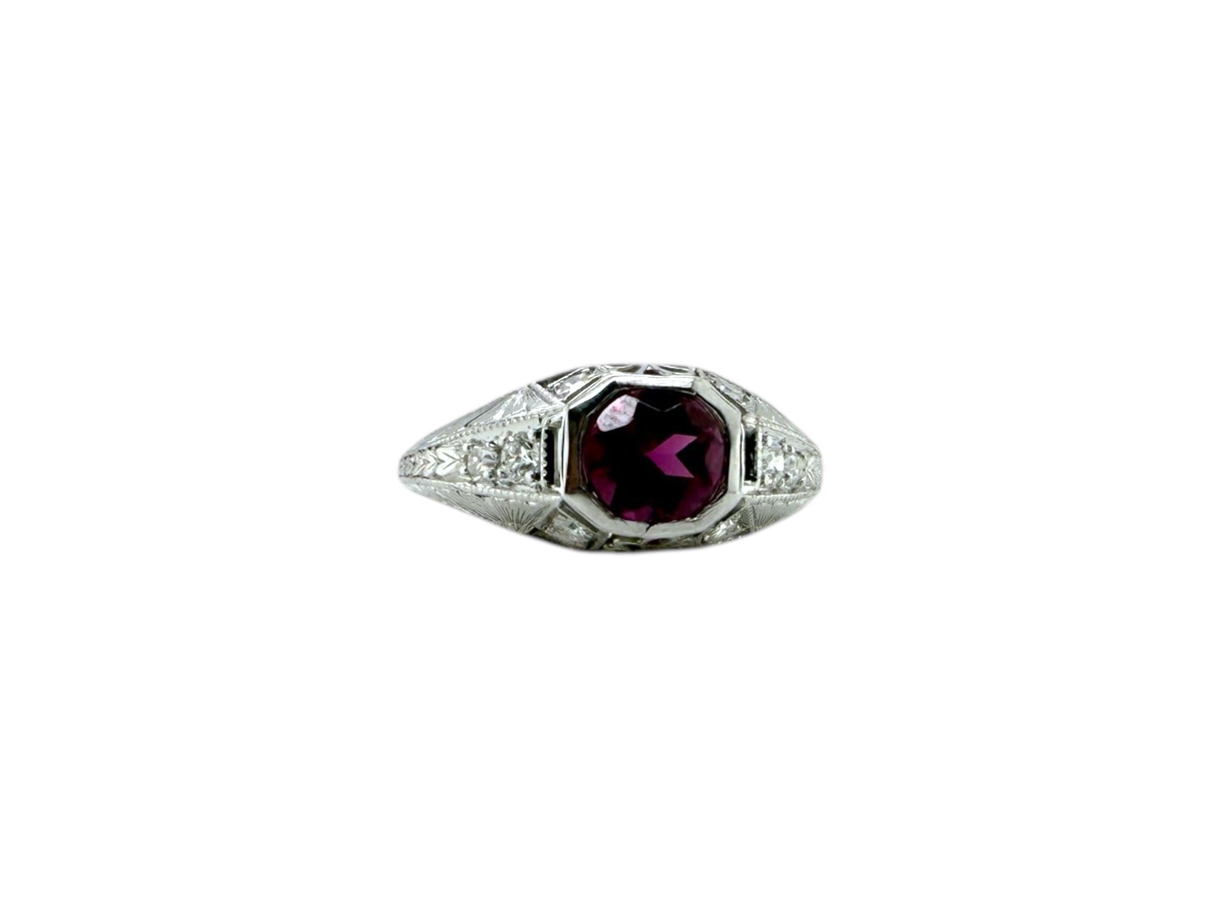 Platin Art Deco Rhodolith Granat & Diamant Solitär Ring Damen im Angebot