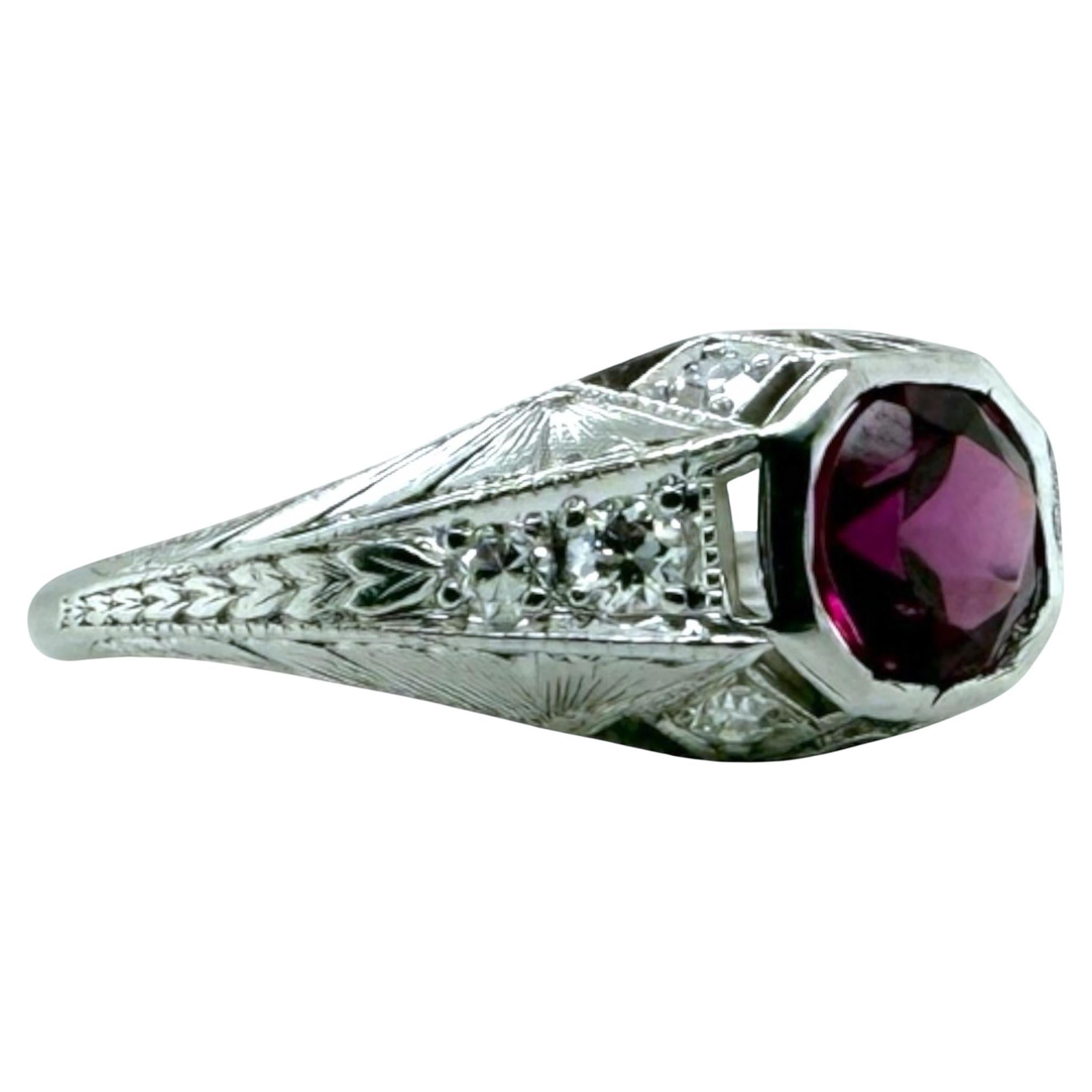 Platinum Art Deco Rhodolite Garnet & Diamond Solitaire Ring