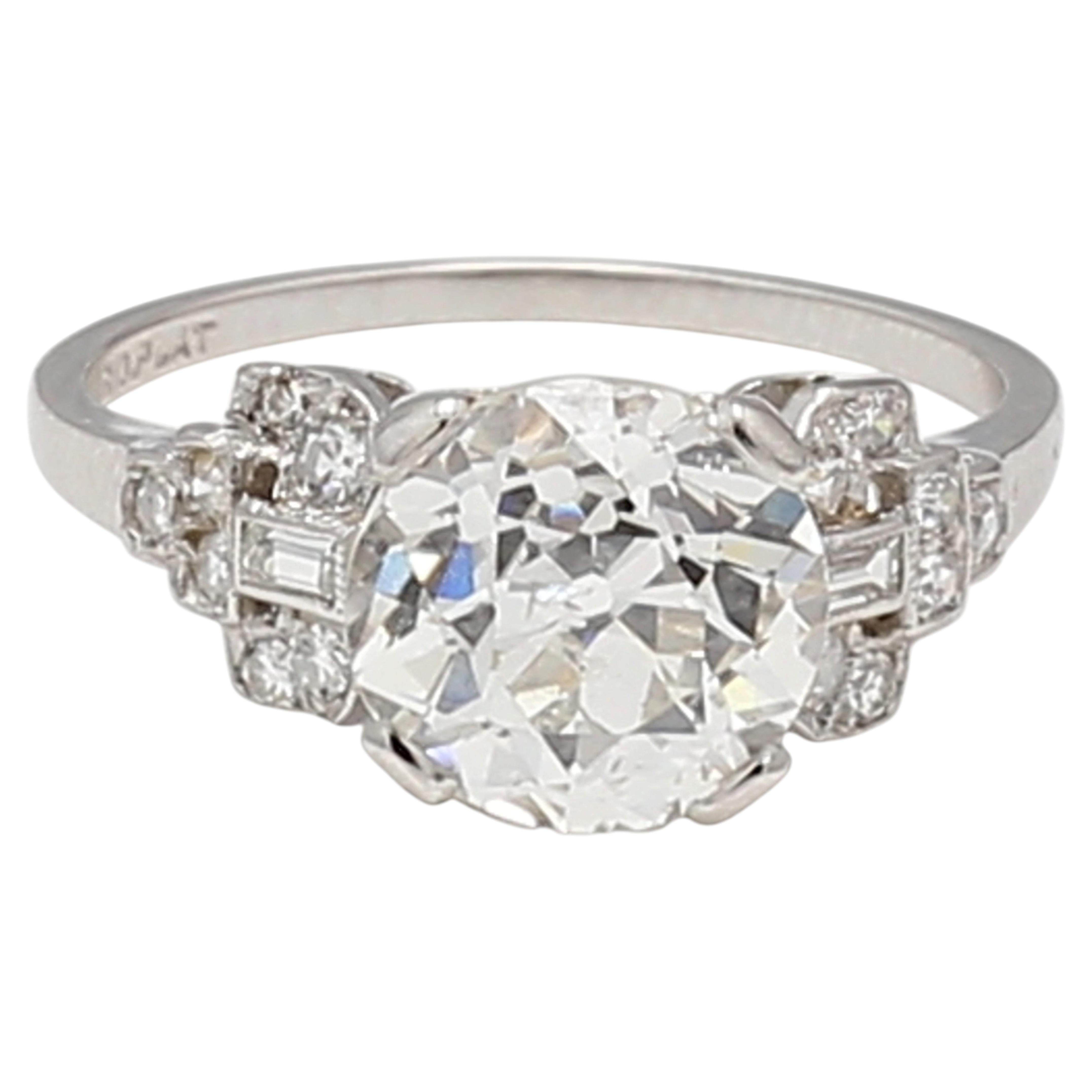 Platinum Art Deco Ring 2.97ct Old European & Baguette Diamonds Size 5 J-SI2 GIA
