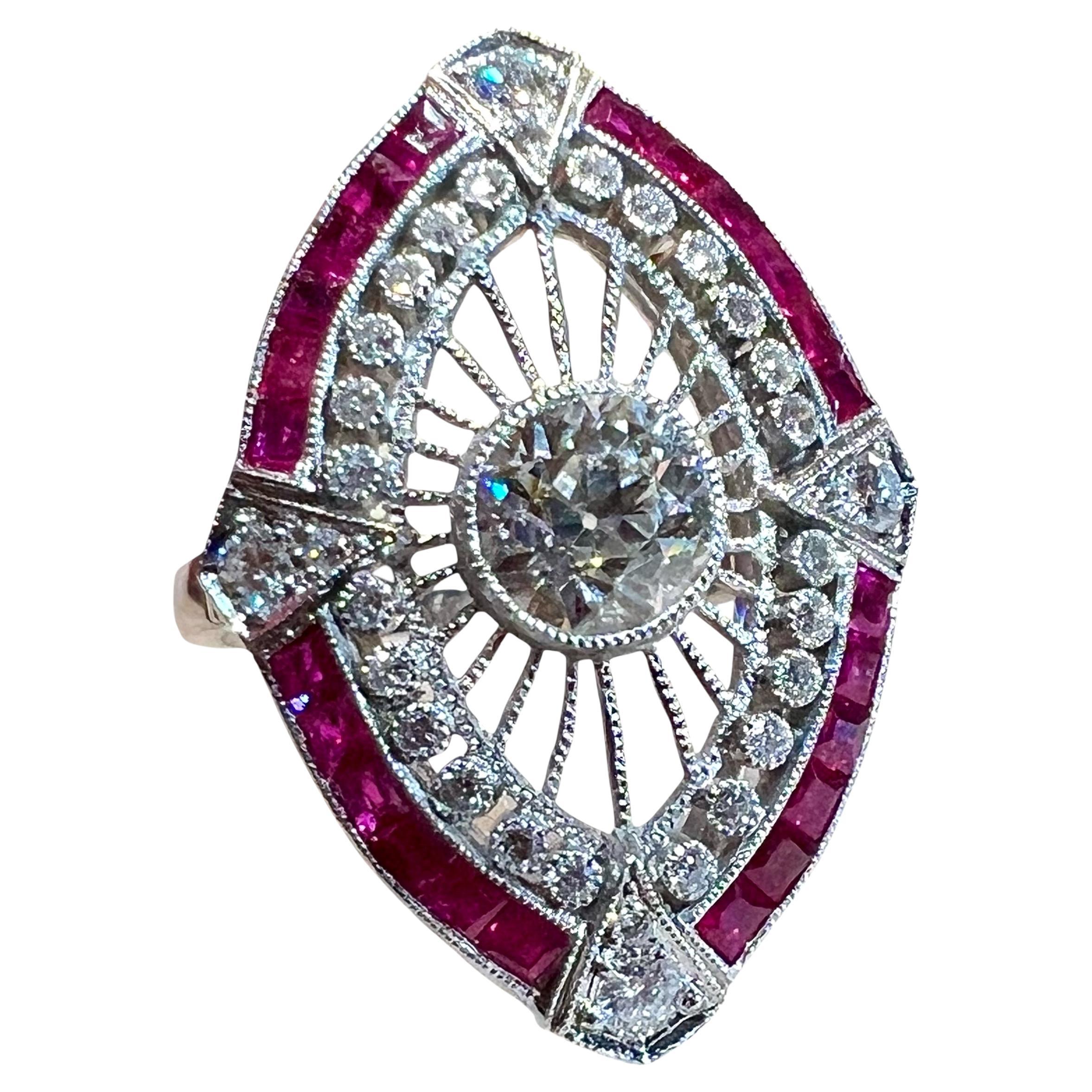 Bague Art déco en platine sertie de diamants et de rubis calibrés, vers 1940