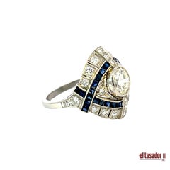 Bague Art Déco en platine avec 1,35 ct de diamant et 2,12 ct de saphirs