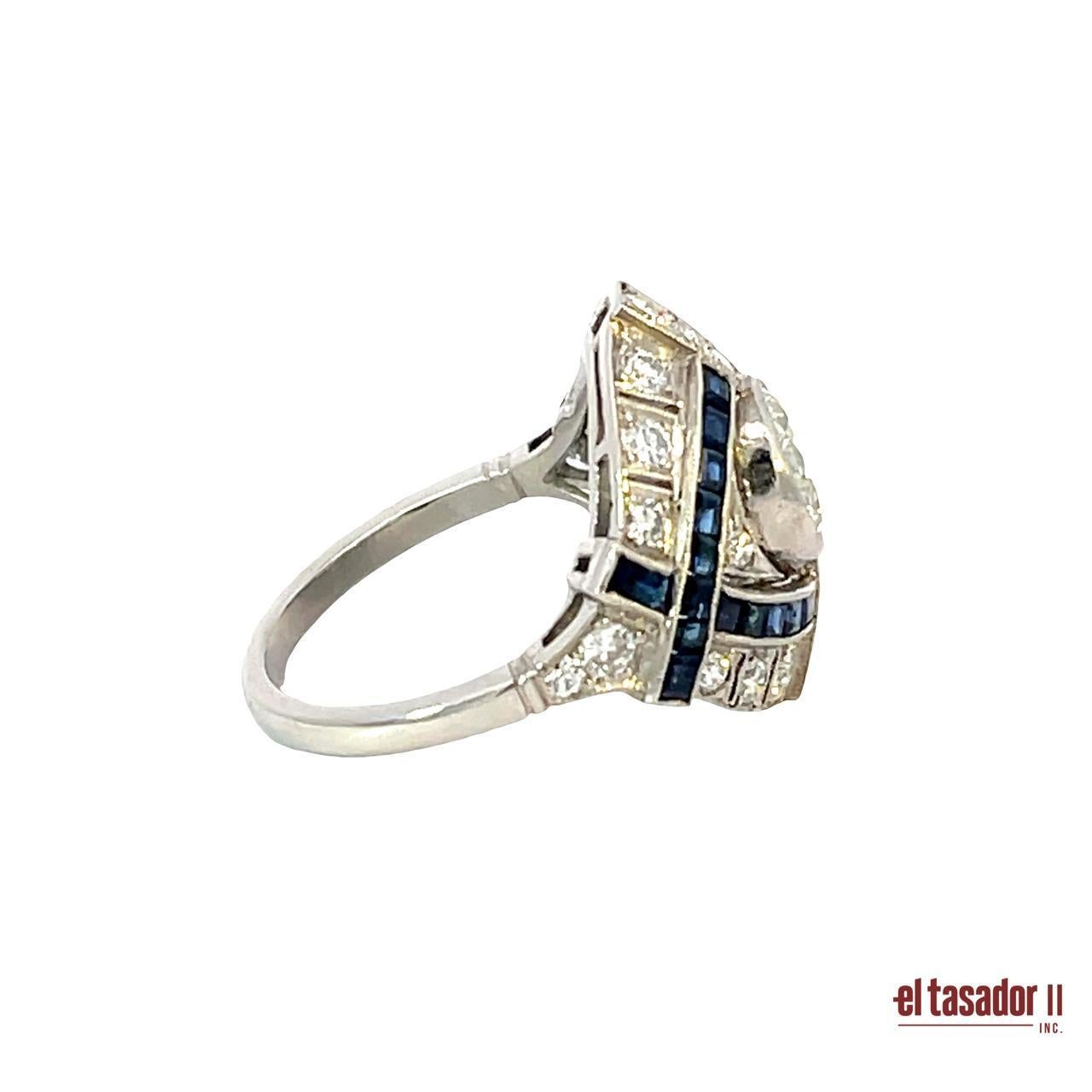 Brilliant Cut Platinum Art Deco Ring with 1.35ct Diamond and 2.12ct Sapphires For Sale