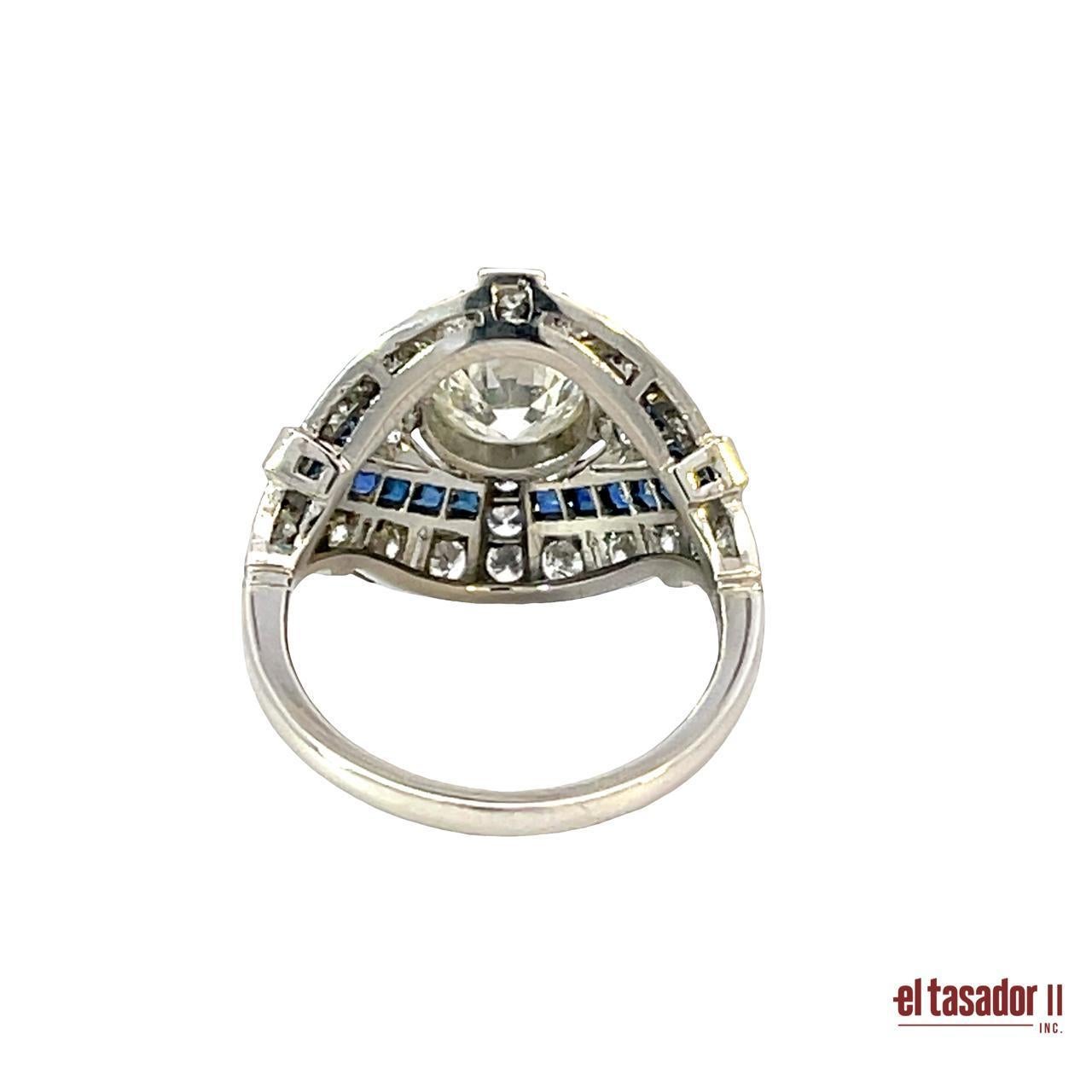Platinum Art Deco Ring with 1.35ct Diamond and 2.12ct Sapphires In New Condition For Sale In Aventura, FL