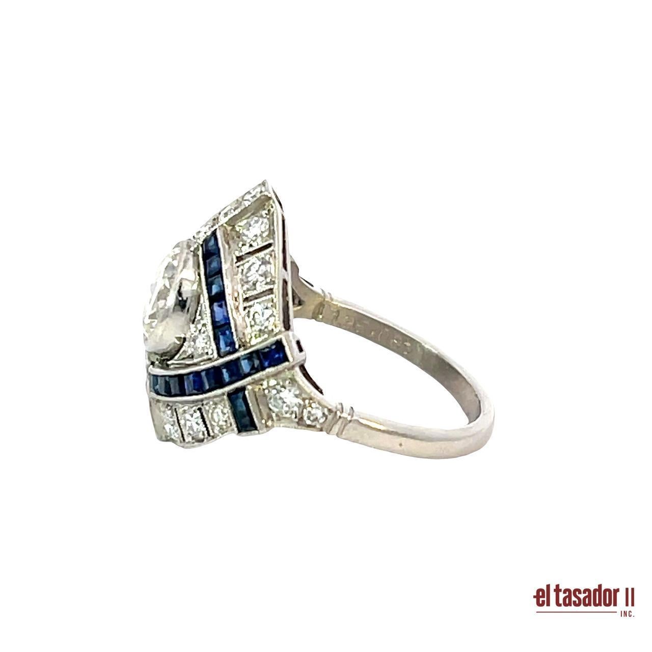 Women's Platinum Art Deco Ring with 1.35ct Diamond and 2.12ct Sapphires For Sale