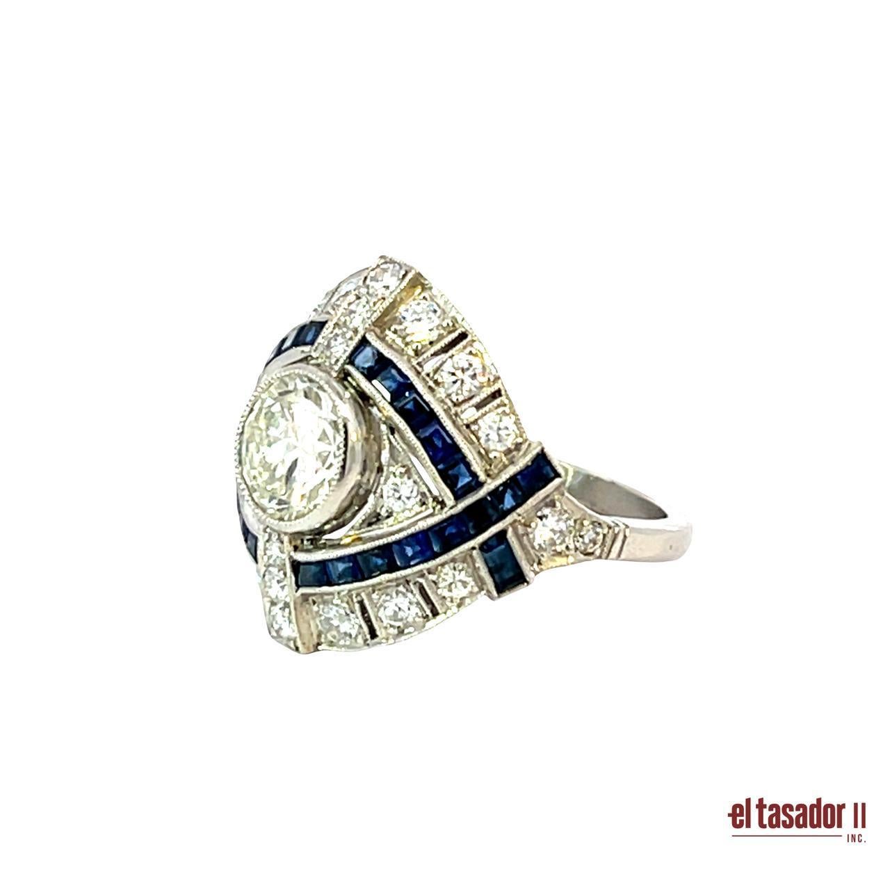 Platinum Art Deco Ring with 1.35ct Diamond and 2.12ct Sapphires For Sale 1