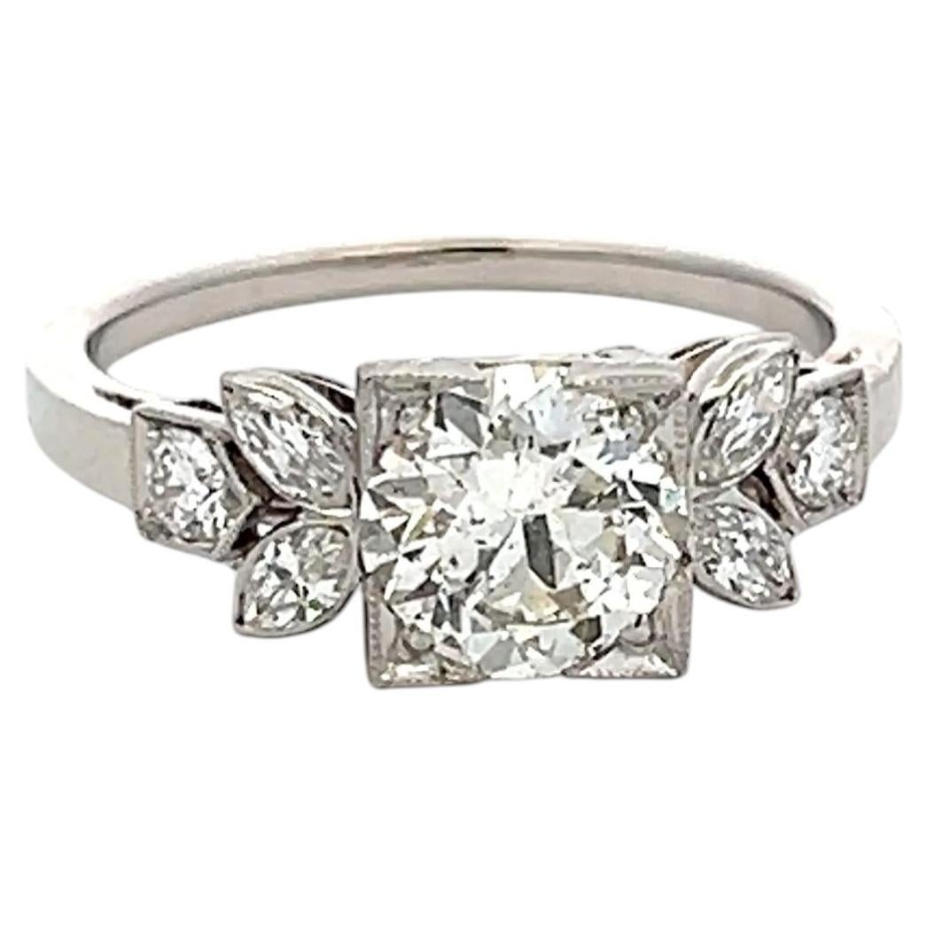 Platinum Art Deco Ring with 1.46 Ct Round Marquis & Circular Diamonds I-SI2 GIA