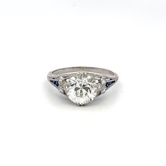 Platinum Art Deco Ring with 2.1ct Circular Brilliant Diamond 0.08ct Sapphire GIA