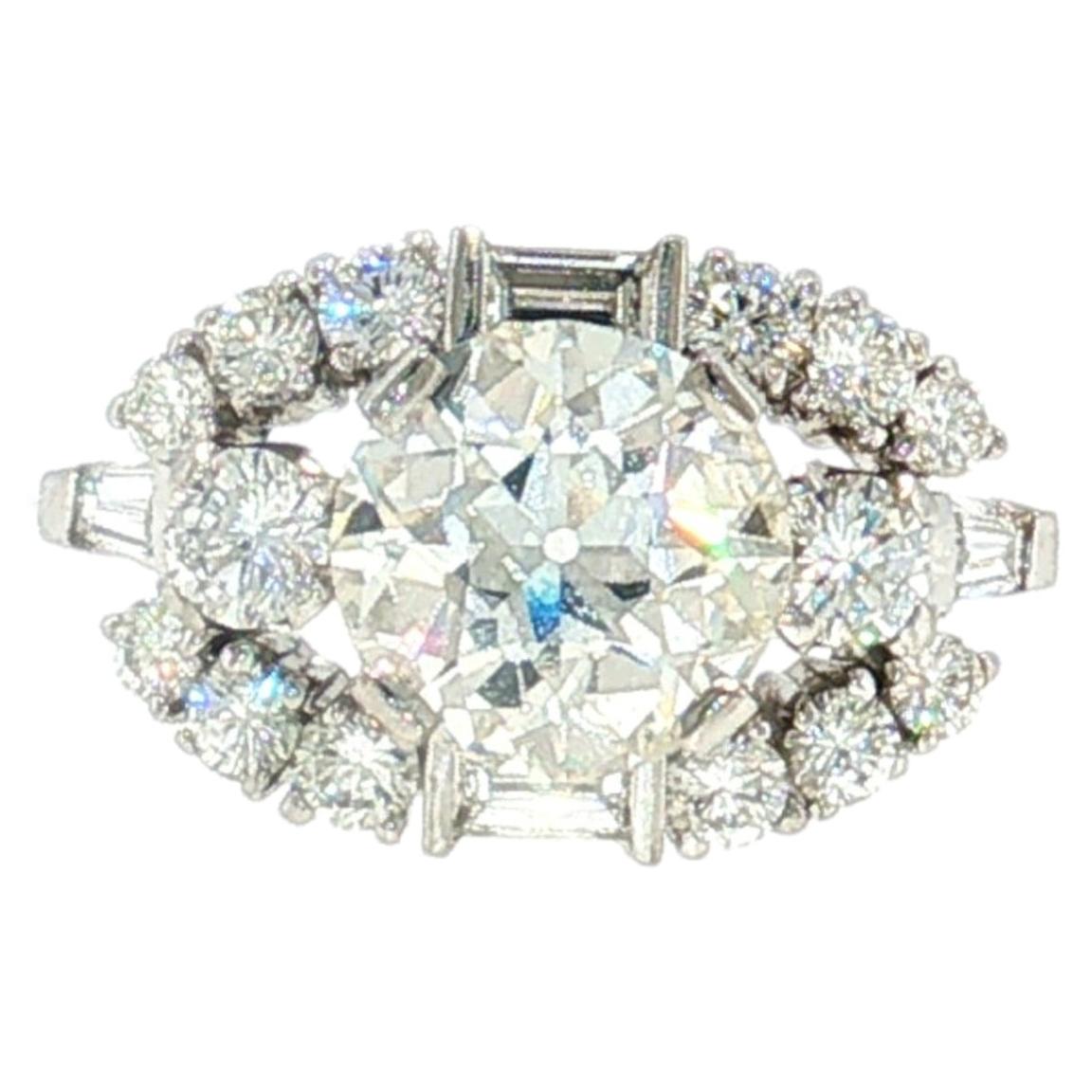 Platinum Art Deco Ring with 3.54 Carat Mixed Cut Diamonds Size 6 H-VS2 GIA