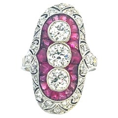 Platinum Art Deco Ring with Diamonds and Rubies, 6.2g