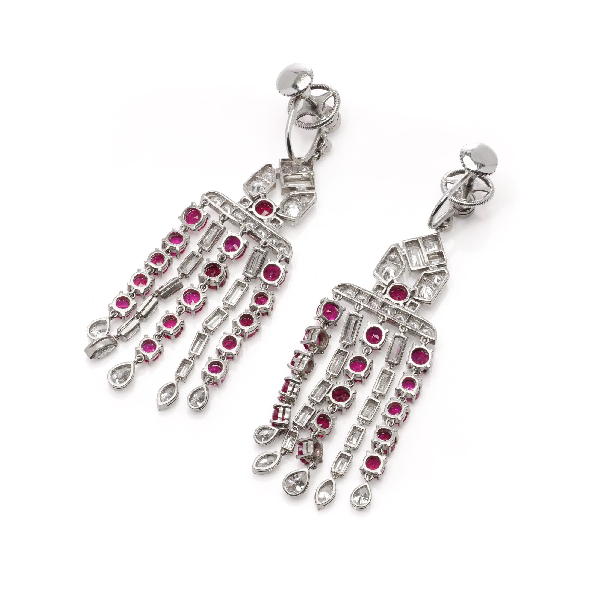 Brilliant Cut Platinum Art Deco Ruby and Diamond Chandelier Earrings For Sale