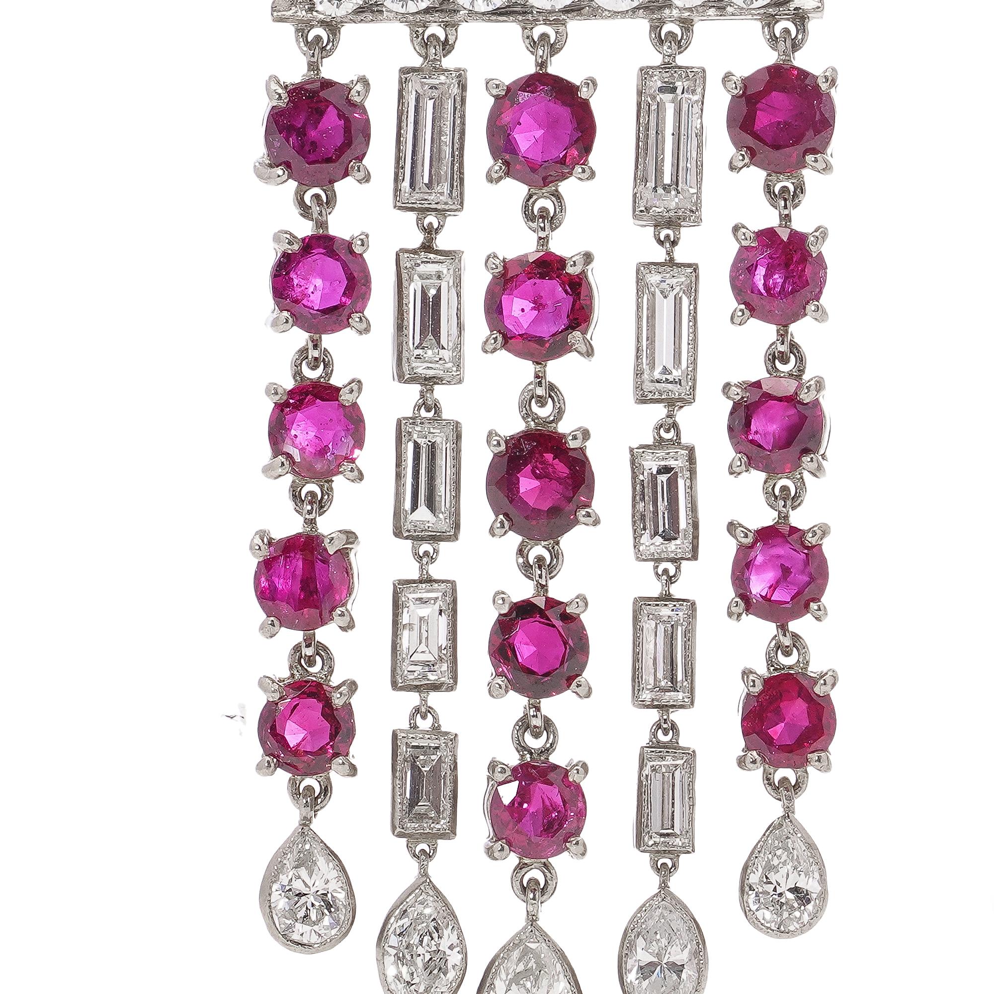 Platinum Art Deco Ruby and Diamond Chandelier Earrings In Excellent Condition For Sale In Braintree, GB