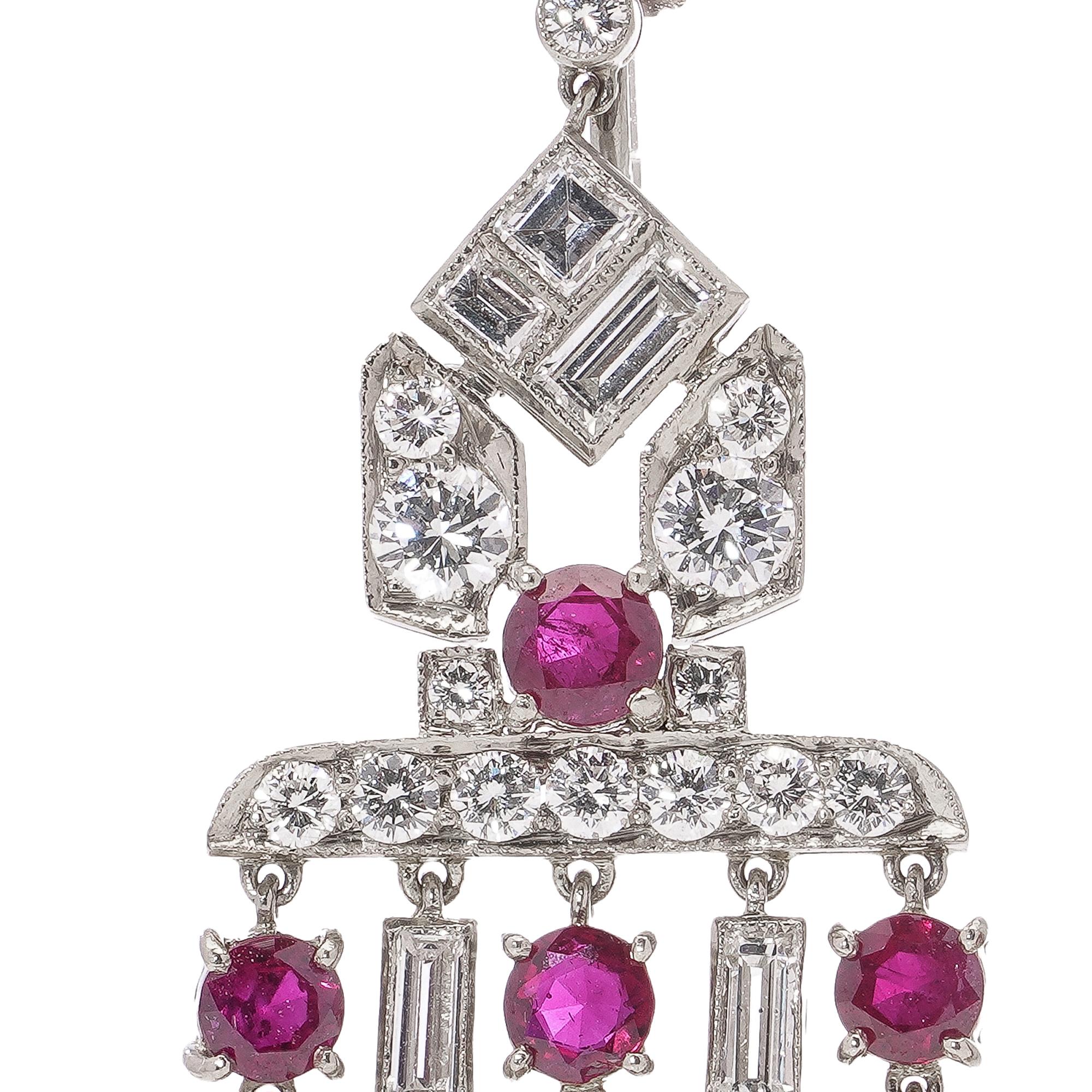 Women's Platinum Art Deco Ruby and Diamond Chandelier Earrings For Sale