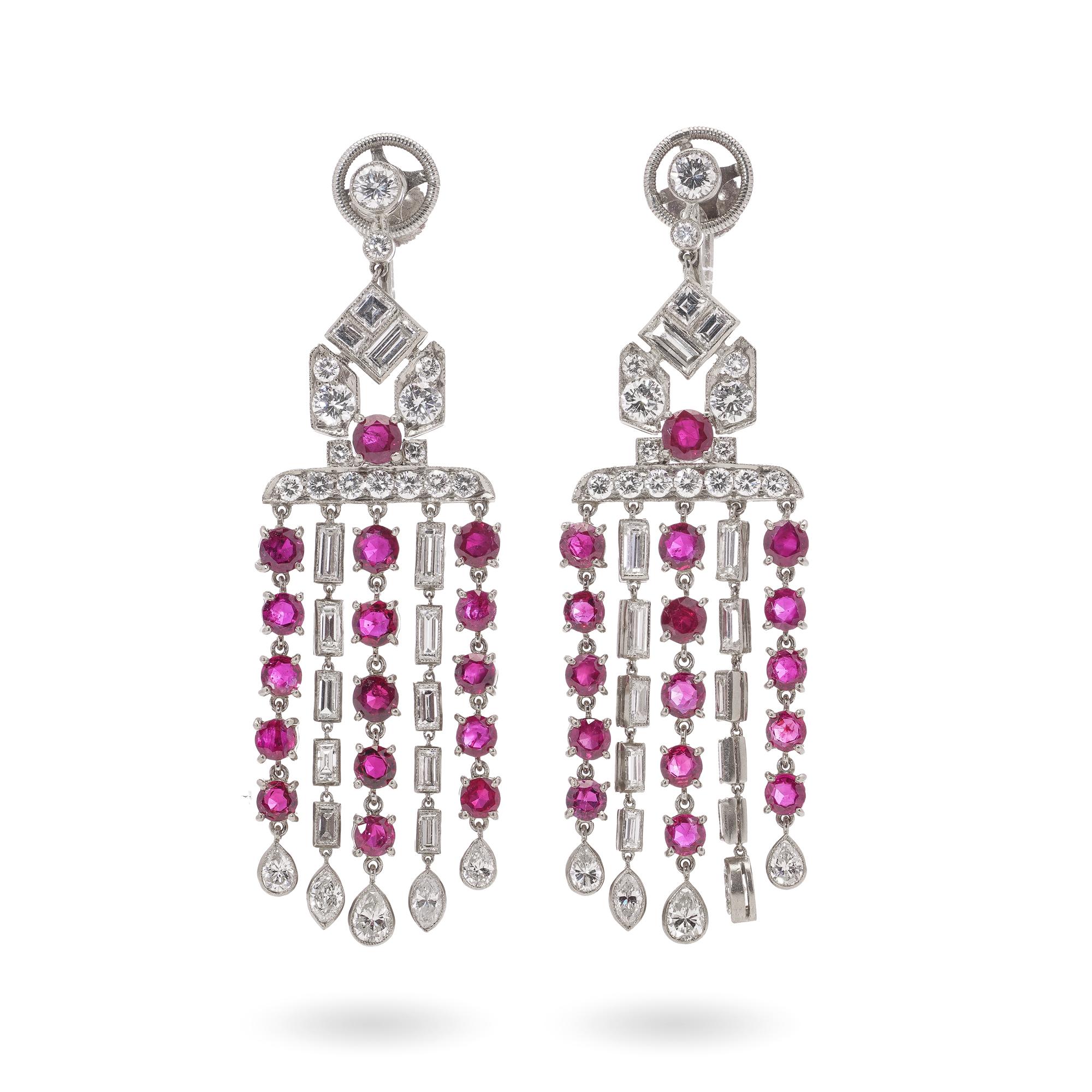 Platinum Art Deco Ruby and Diamond Chandelier Earrings For Sale 2