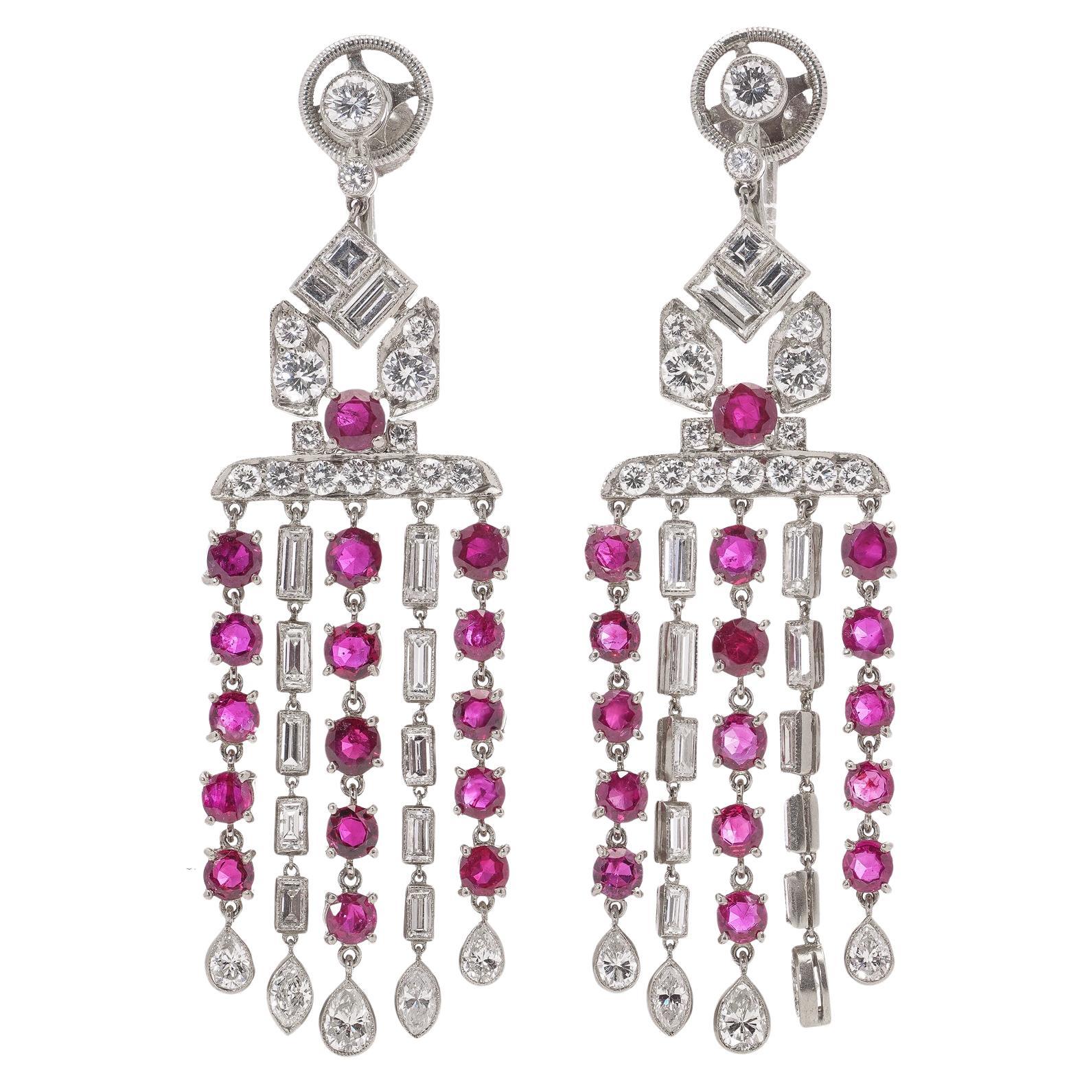 Platinum Art Deco Ruby and Diamond Chandelier Earrings