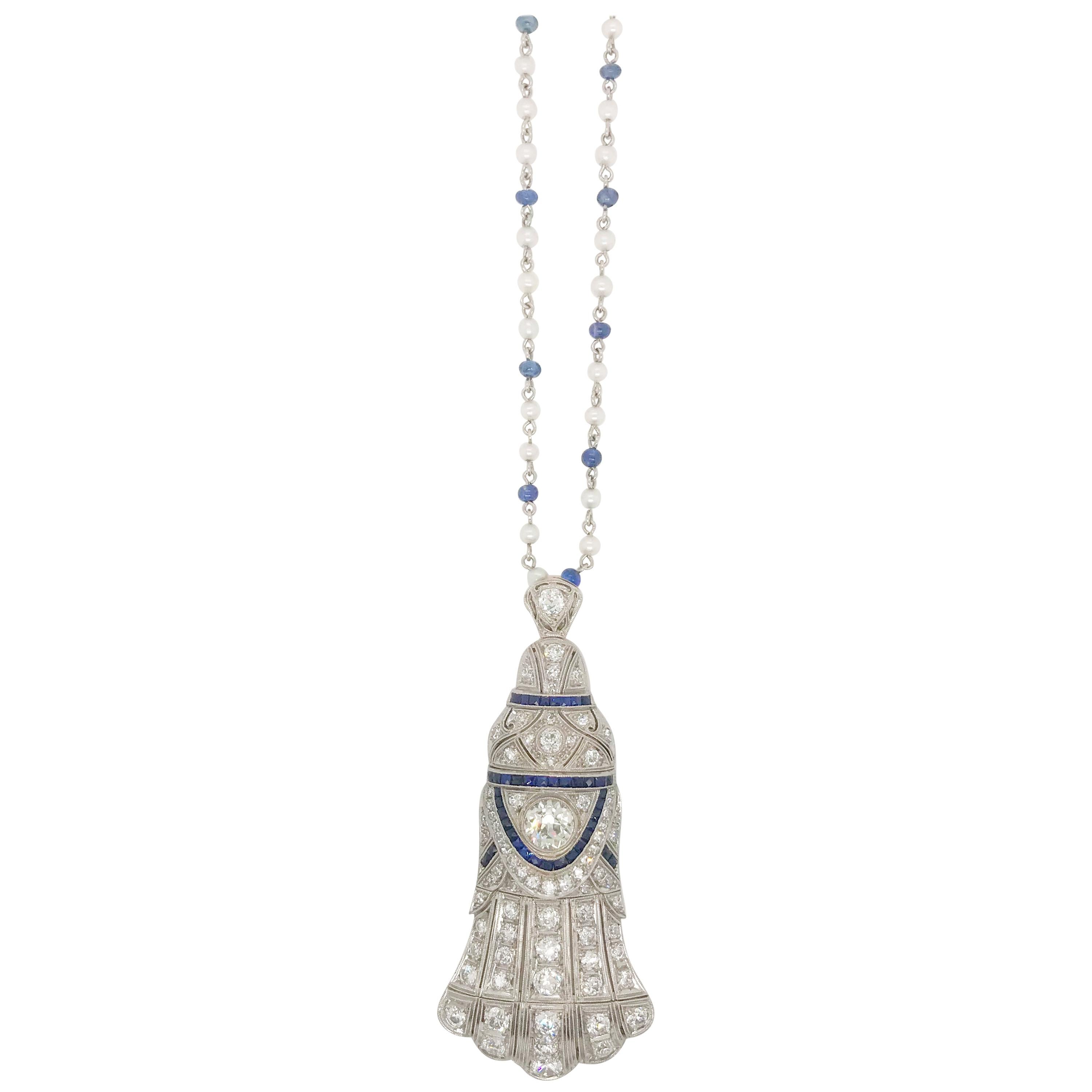 Platinum Art Deco Sapphire and Diamond Pendant on Sapphire and Pearl Chain