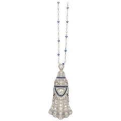 Platinum Art Deco Sapphire and Diamond Pendant on Sapphire and Pearl Chain