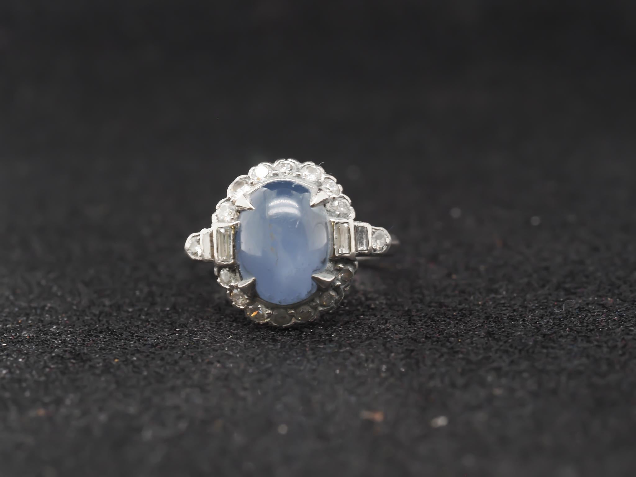 Platinum Art Deco Star Sapphire and Diamond Ring by Felger and Co.

Year: 1920s

Item Details:
Ring Size: 5.25 (Sizable)
Metal Type: Platinum [Hallmarked, and Tested]
Weight: 6.4 grams

Maker: FFF (Felger & Co. )

Diamond Details: .50ct total