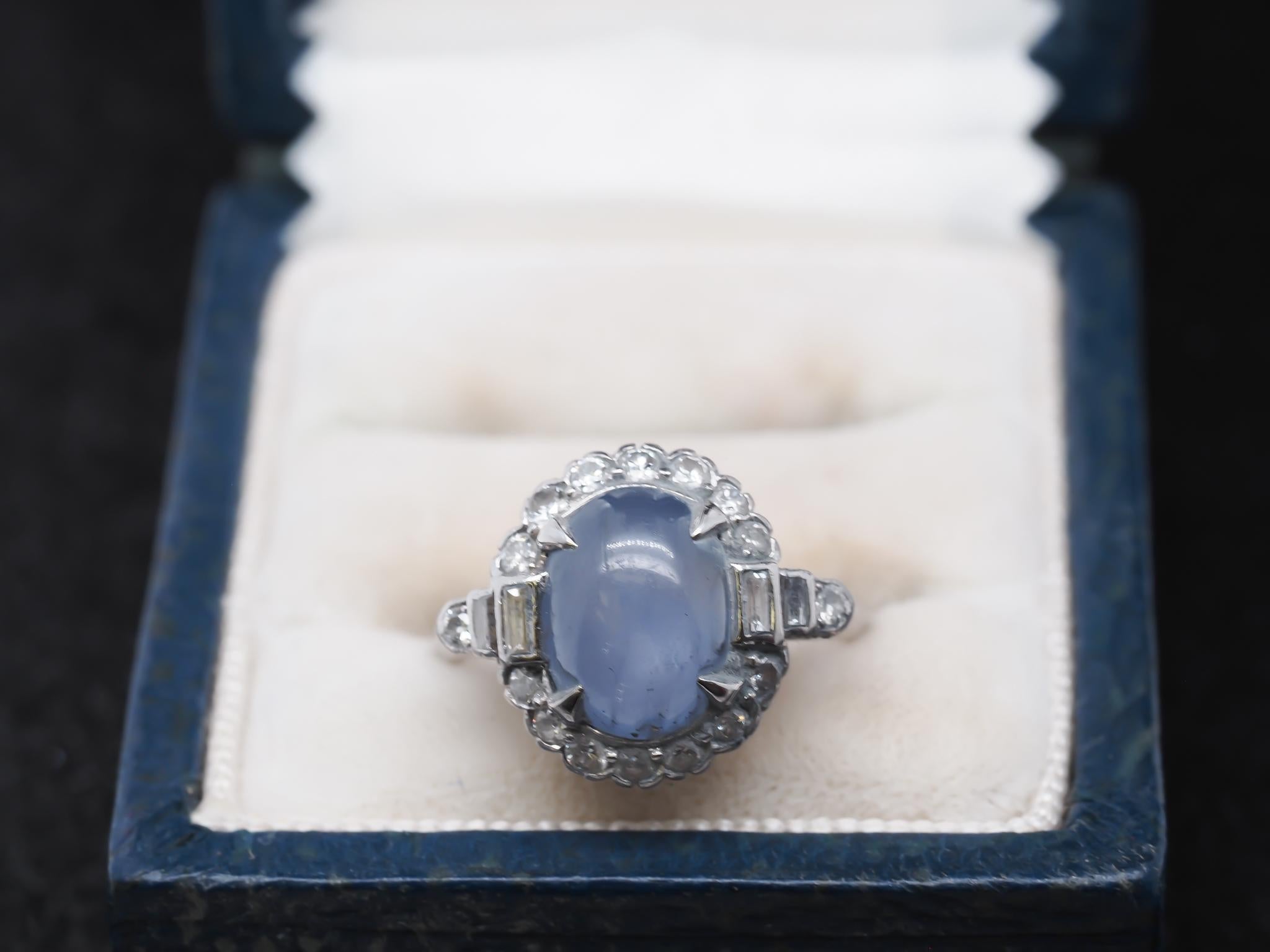 Cabochon Platinum Art Deco Star Sapphire and Diamond Ring by Felger and Co. For Sale