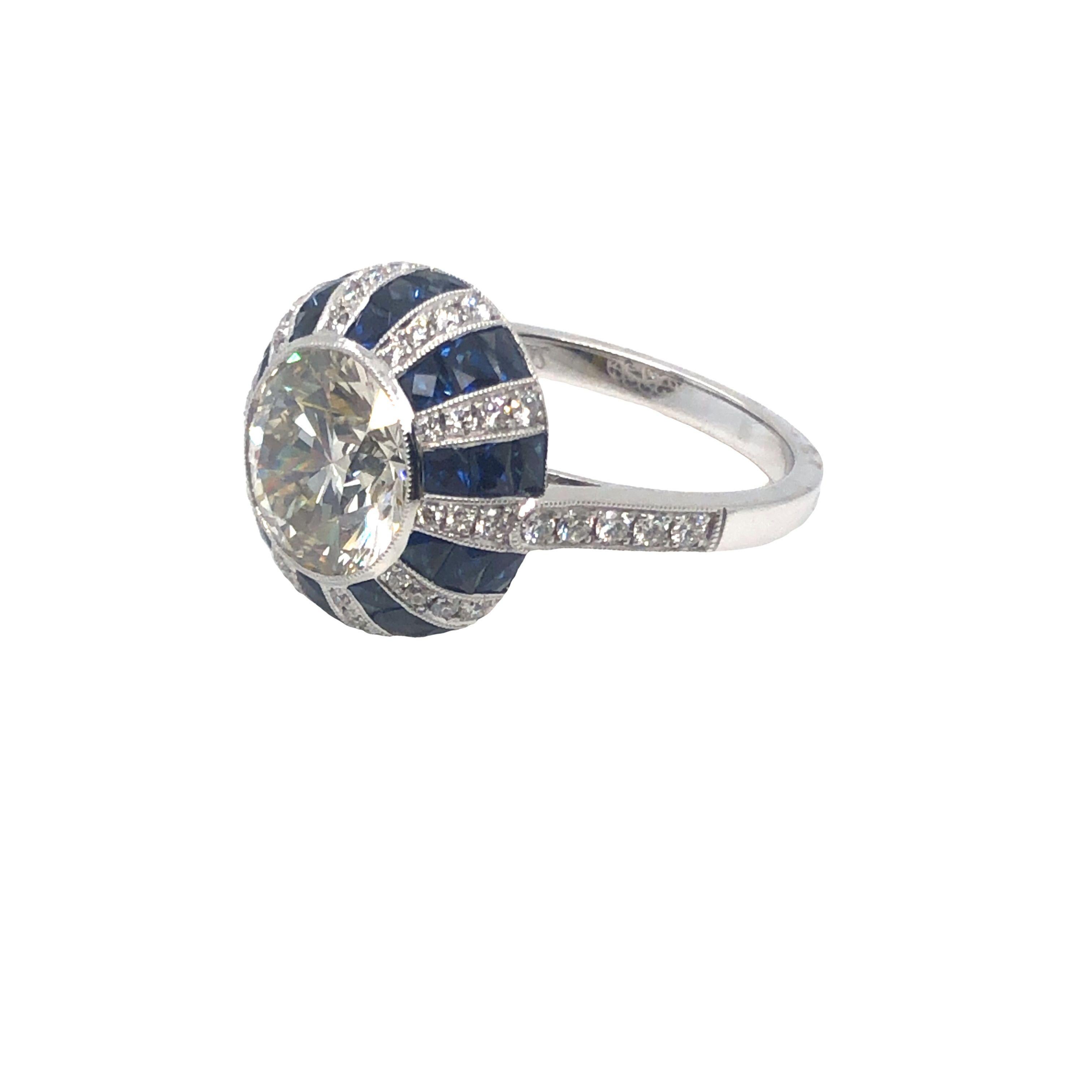 Platinum Art Deco Style 2.45 CT Round Diamond and Sapphire Ring  For Sale 5