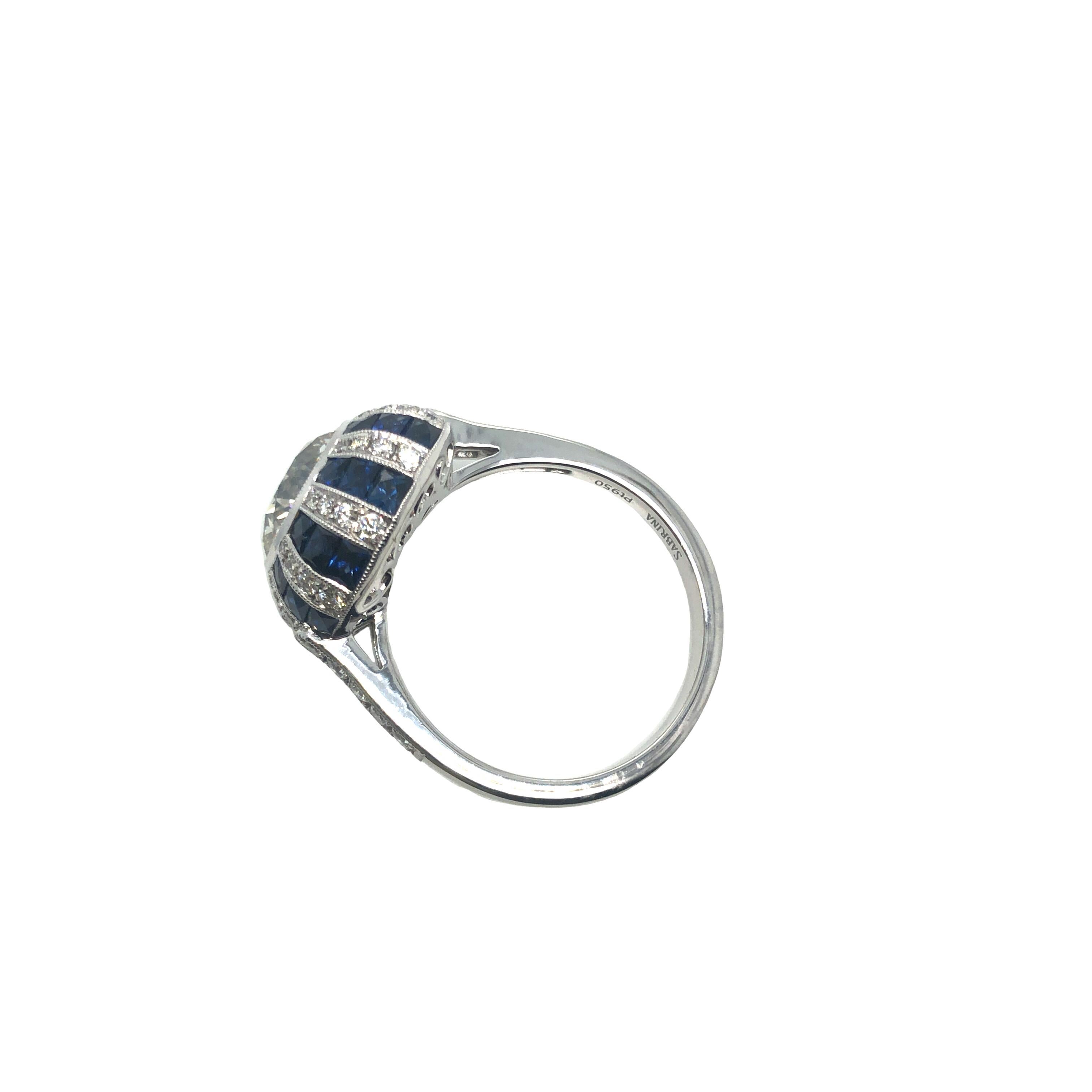 Round Cut Platinum Art Deco Style 2.45 CT Round Diamond and Sapphire Ring  For Sale