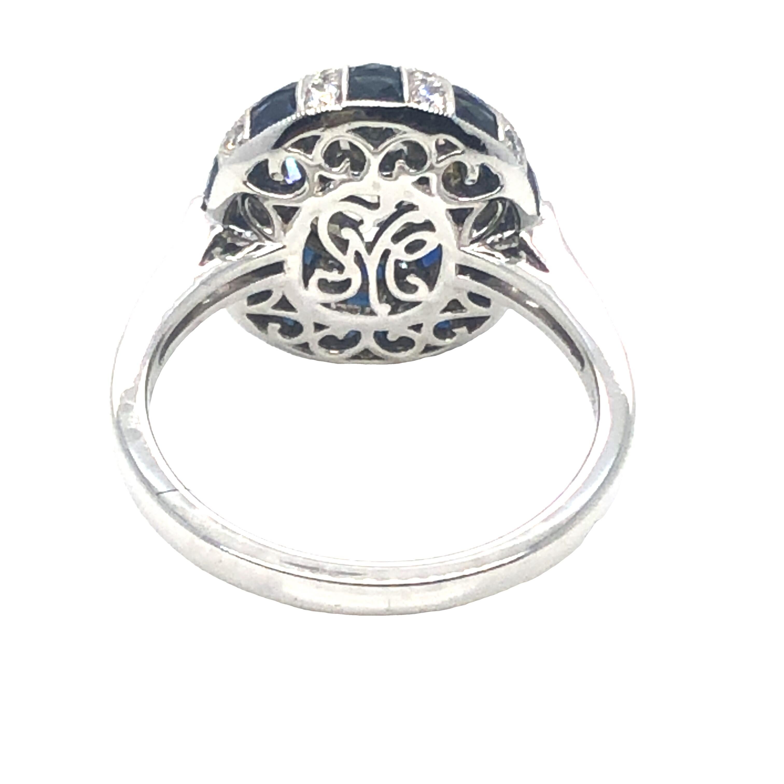 Platinum Art Deco Style 2.45 CT Round Diamond and Sapphire Ring  In New Condition For Sale In New York, NY