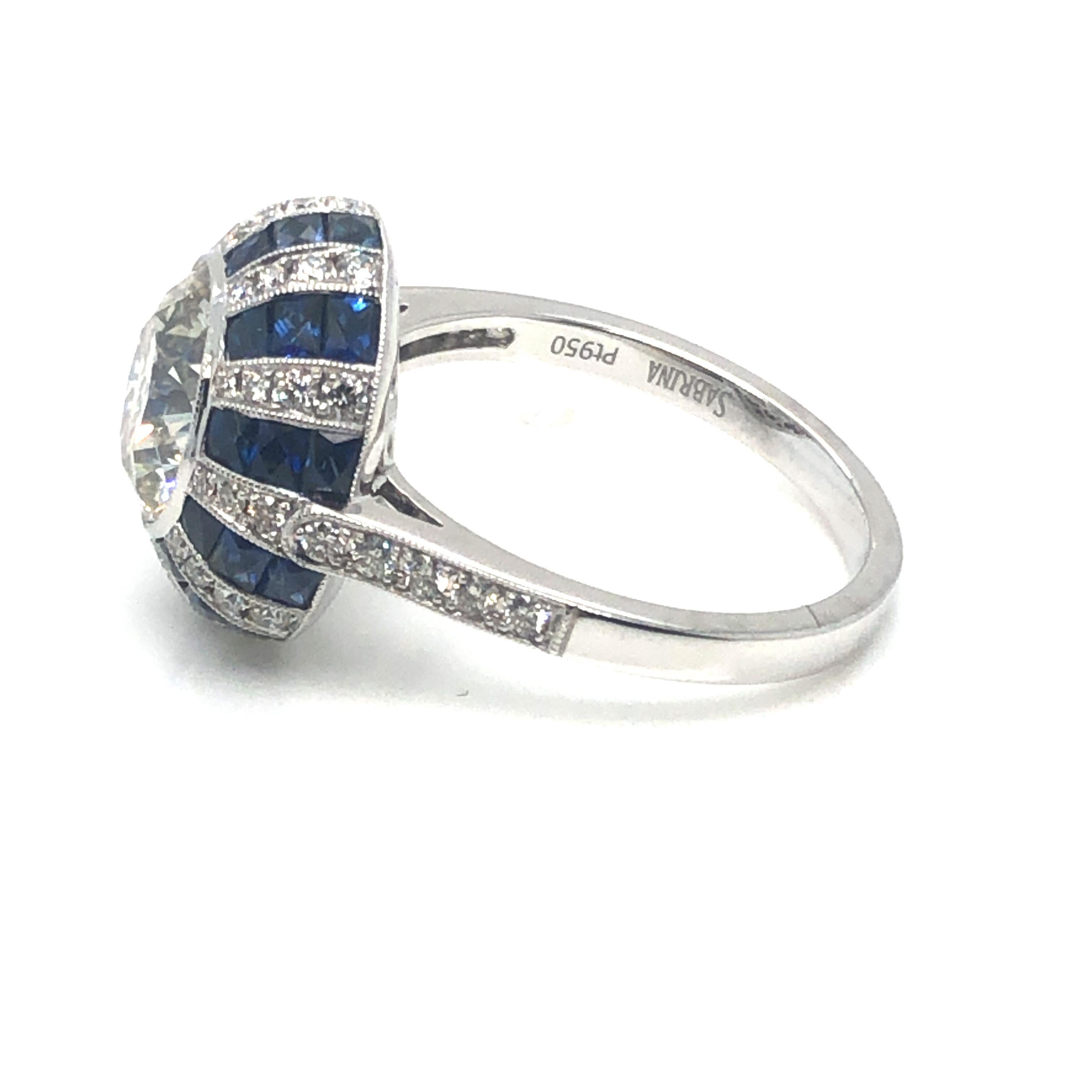 Women's or Men's Platinum Art Deco Style 2.45 CT Round Diamond and Sapphire Ring  For Sale