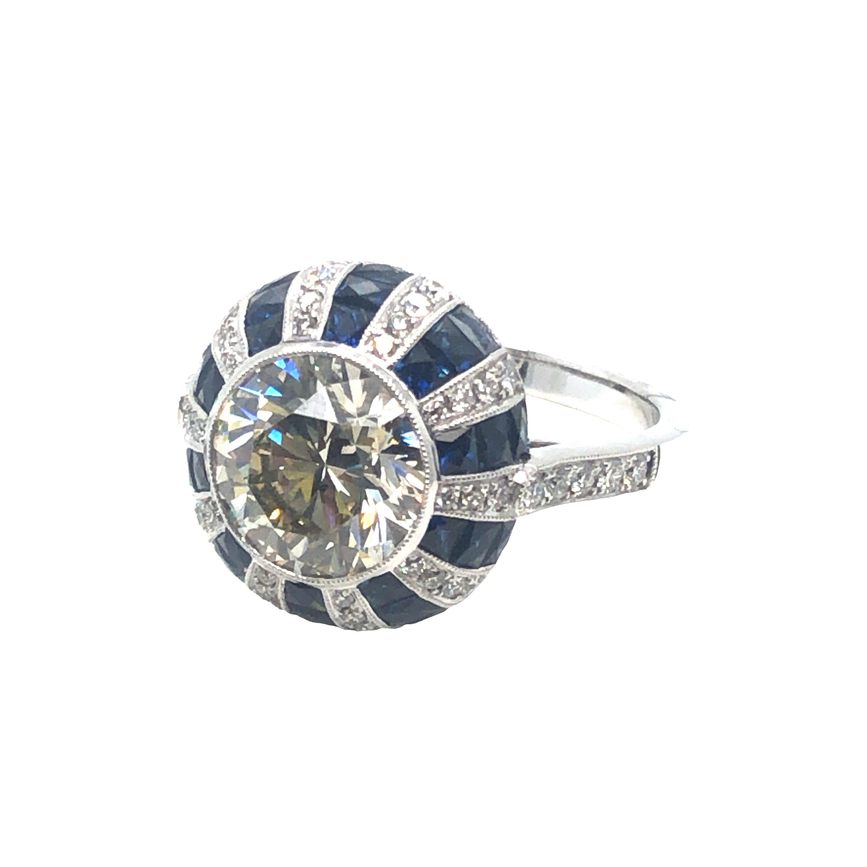 Platinum Art Deco Style 2.45 CT Round Diamond and Sapphire Ring  For Sale 1