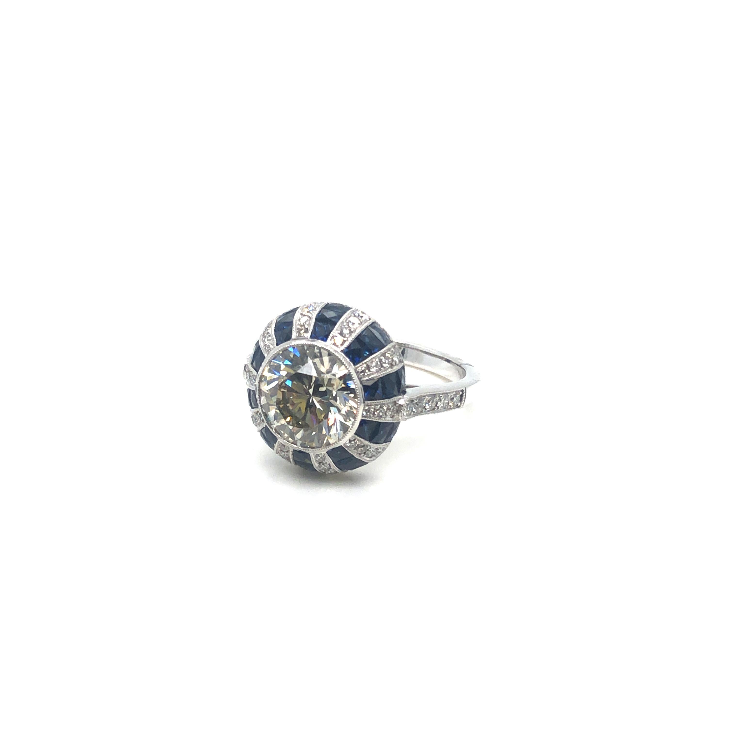 Platinum Art Deco Style 2.45 CT Round Diamond and Sapphire Ring  For Sale 2