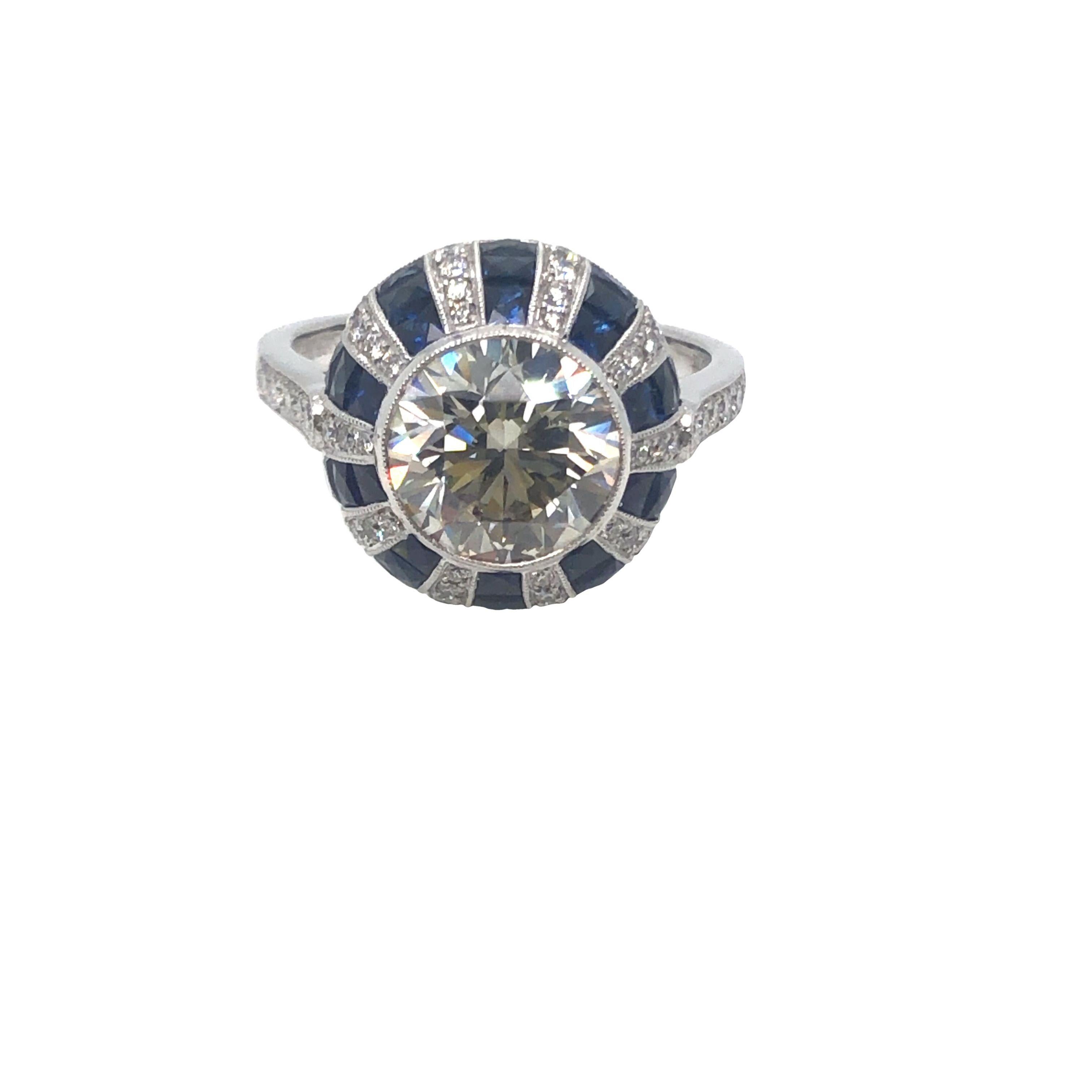 Platinum Art Deco Style 2.45 CT Round Diamond and Sapphire Ring  For Sale 3