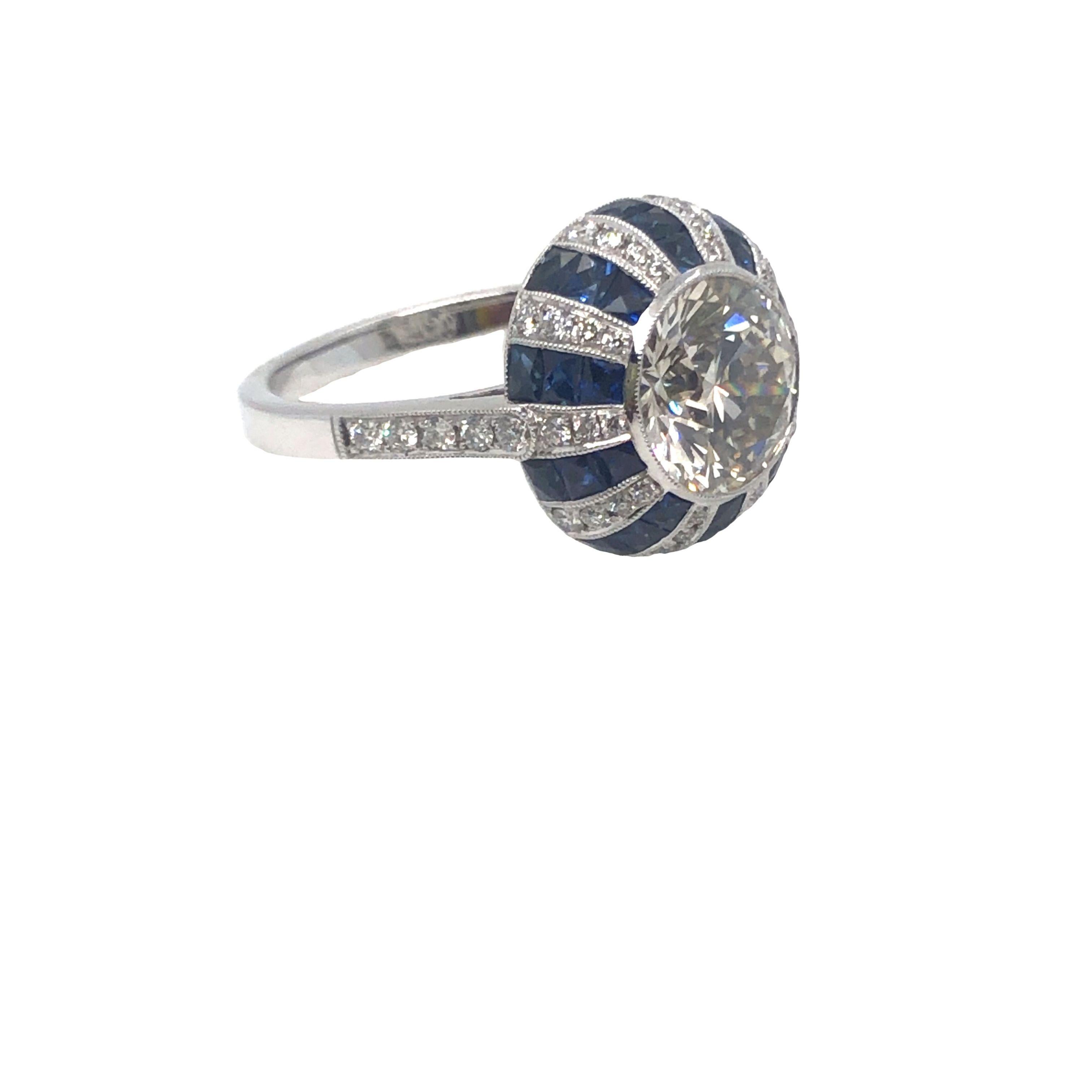 Platinum Art Deco Style 2.45 CT Round Diamond and Sapphire Ring  For Sale 4
