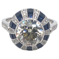 Platinum Art Deco Style 2.45 CT Round Diamond and Sapphire Ring 
