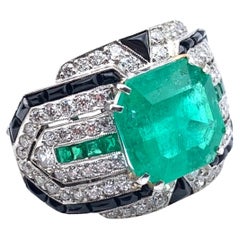 Platin Art Deco-Stil 4,03 Karat Smaragd Onyx & Diamant-Ring