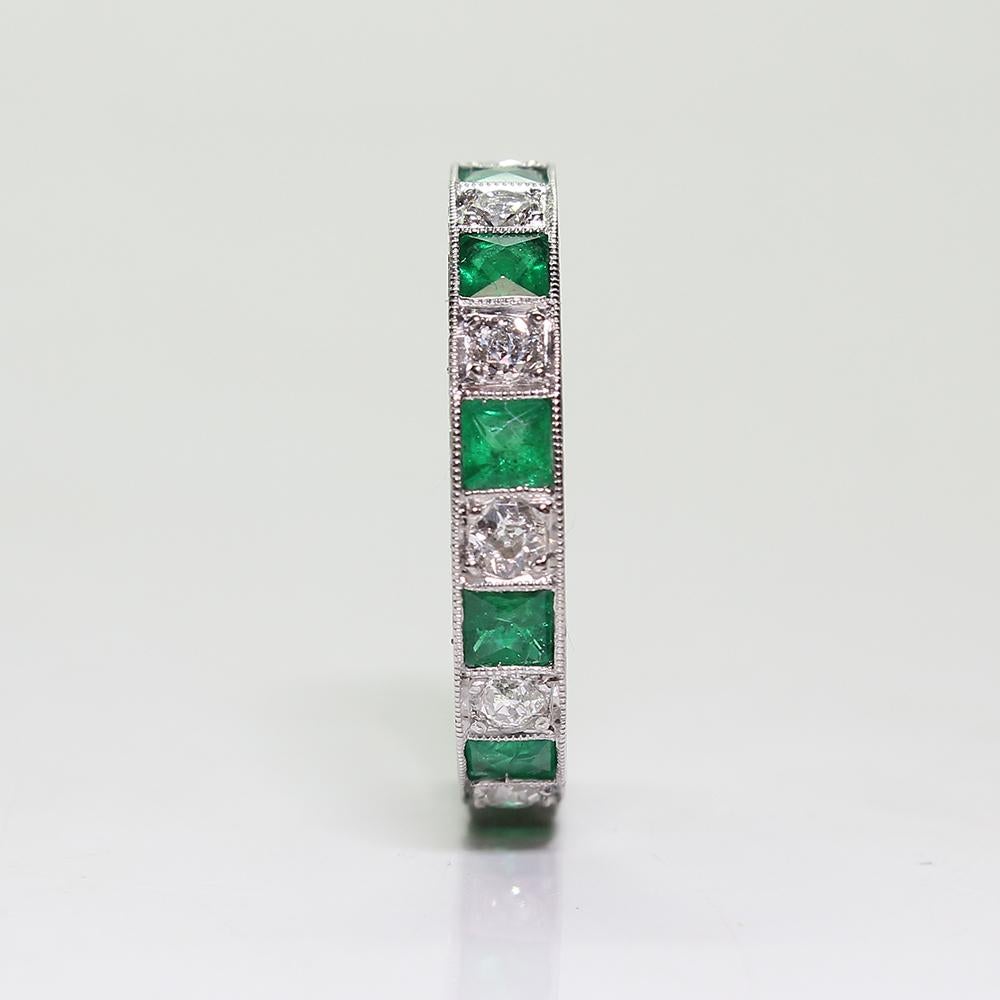 Platinum Art Deco Style Antique Emerald and Diamond Eternity Band Ring In Excellent Condition In Scottsdale, AZ