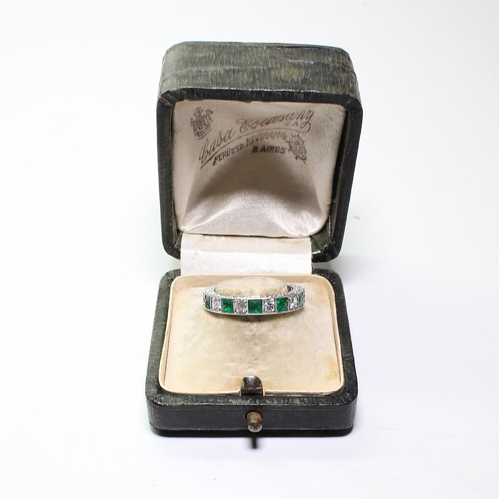 Women's Platinum Art Deco Style Antique Emerald and Diamond Eternity Band Ring