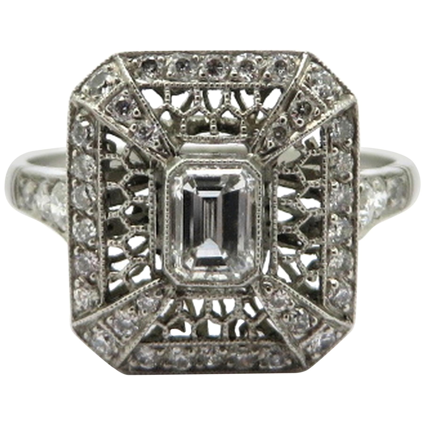 Platinum Art Deco Style Antique Emerald Cut Diamond Engagement Ring