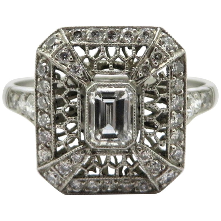 Platinum Art Deco Style Antique Emerald Cut Diamond Engagement Ring For  Sale at 1stDibs | antique emerald cut diamond ring