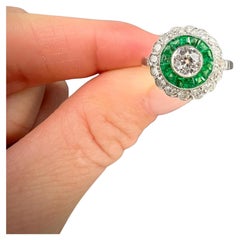 Platinum, Art Deco Style Calibrated Emerald & Diamond Target Ring