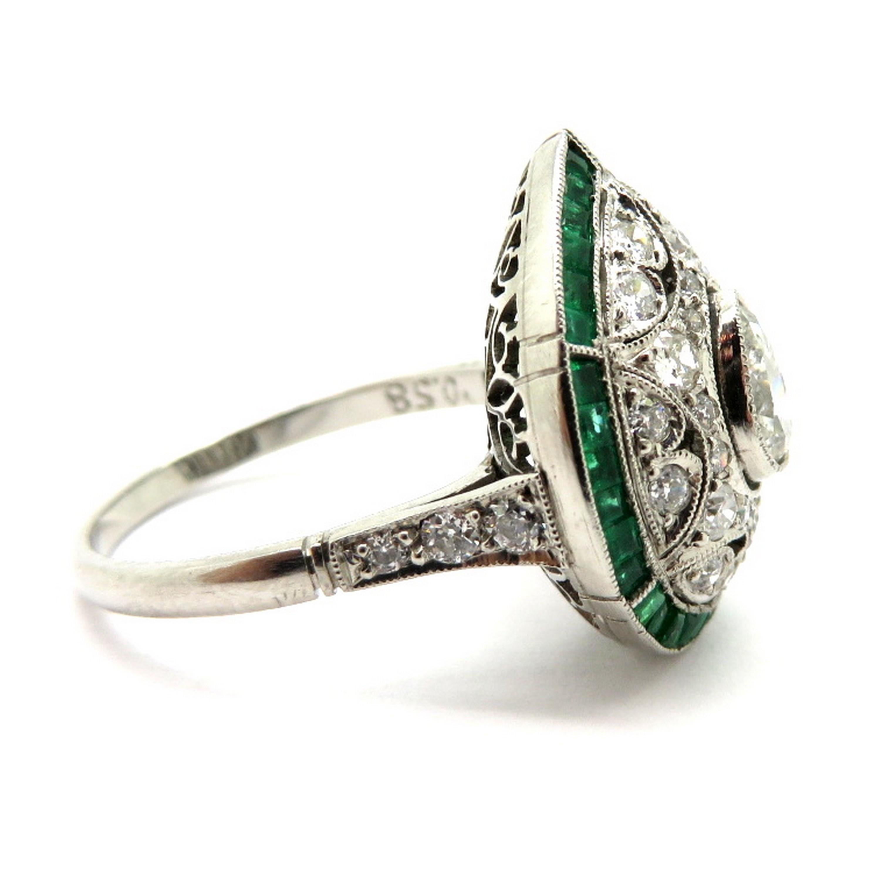 Platinum Art Deco Style Diamond and Emerald Engagement Ring In Excellent Condition In Scottsdale, AZ