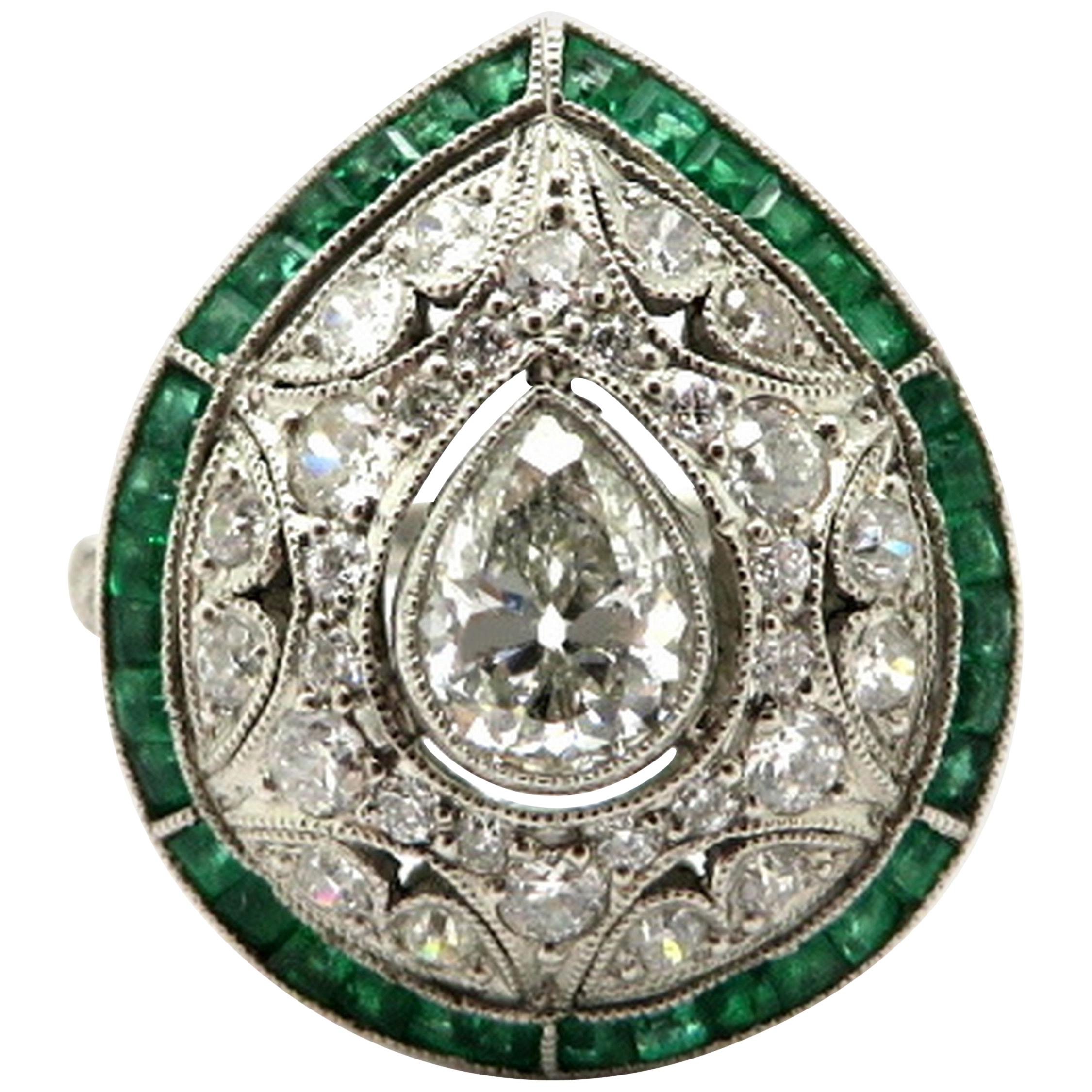 Platinum Art Deco Style Diamond and Emerald Engagement Ring